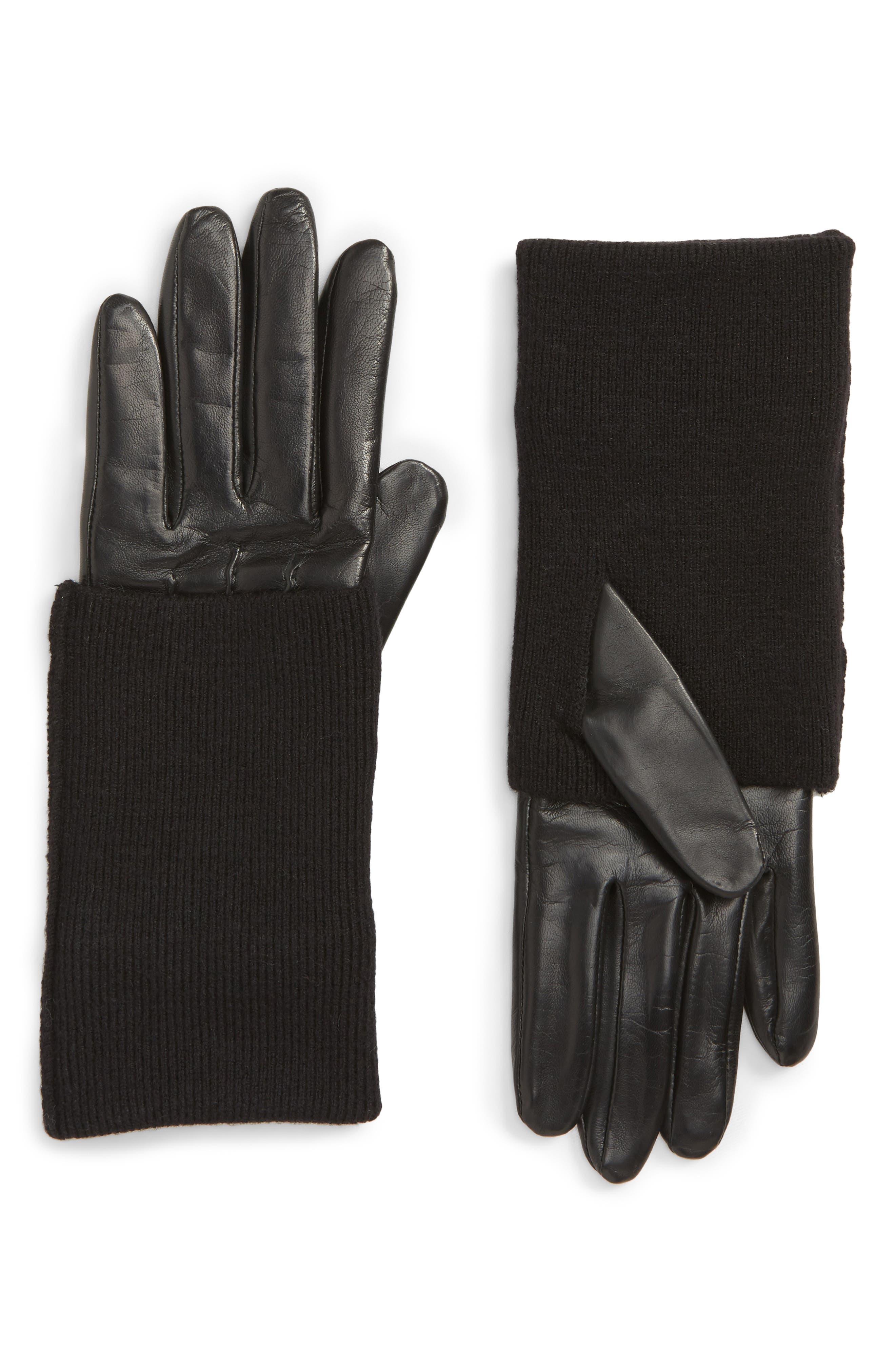 Nordstrom Knit Cuff Lambskin Leather Gloves, Black
