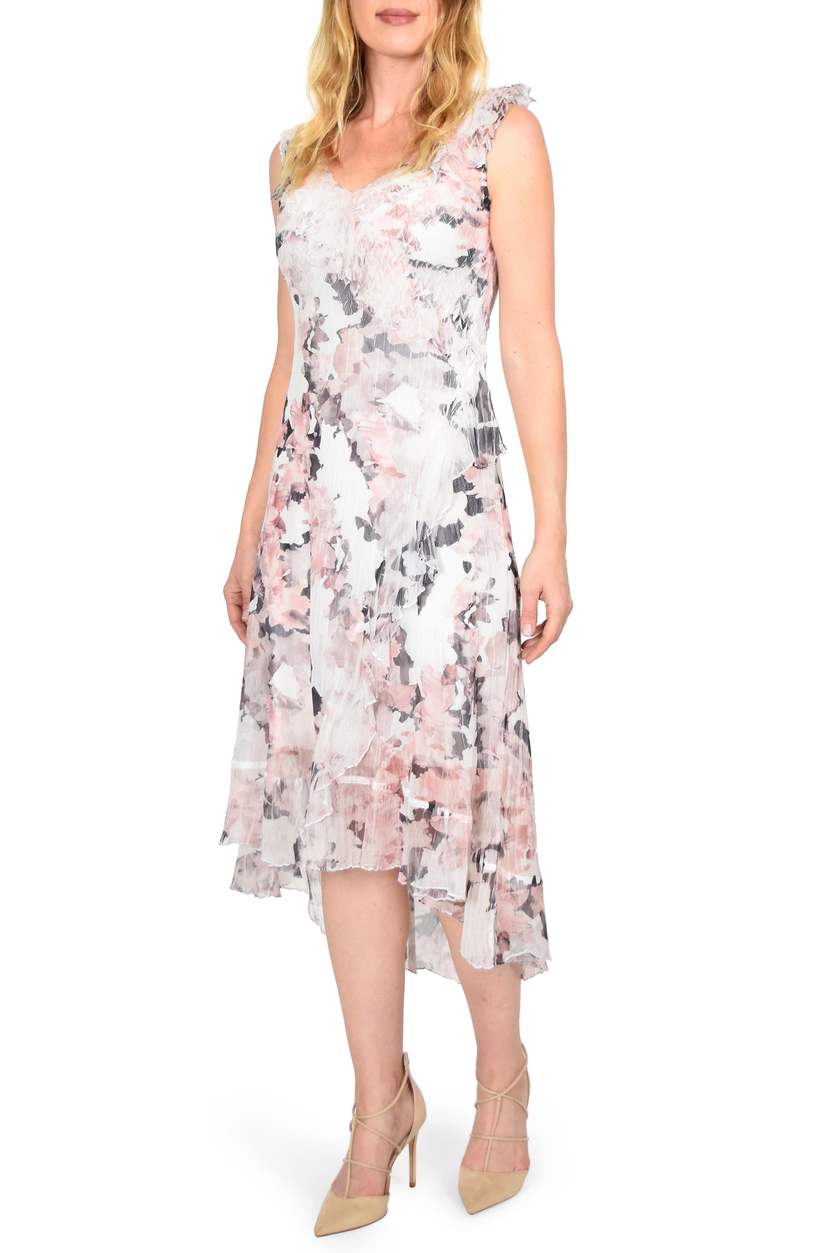 Petite Komarov Ruffle Trim Sleeveless Charmeuse Midi Dress, White