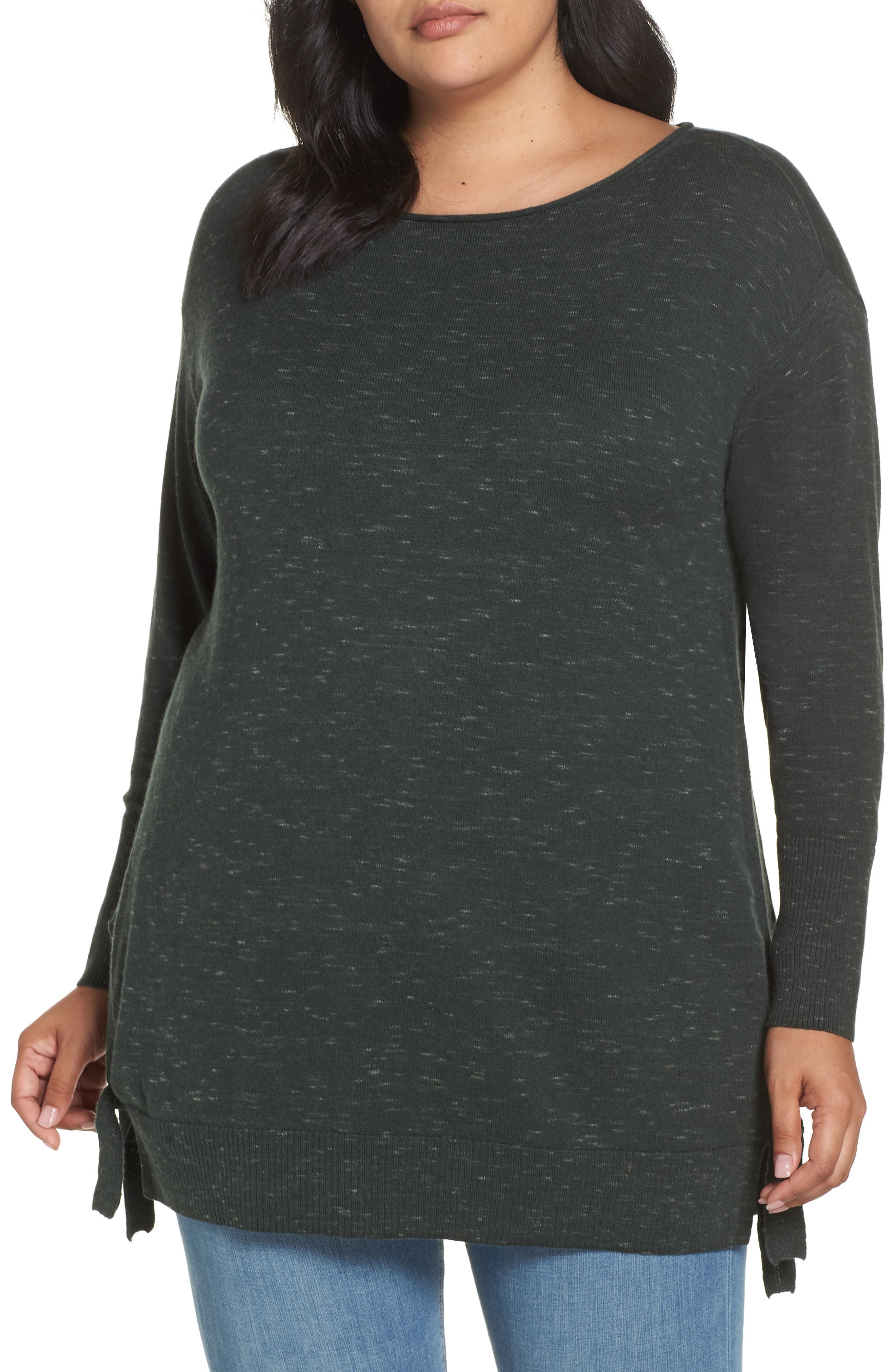 Plus Size Caslon Side Tie Detail Cotton & Wool Sweater, Green