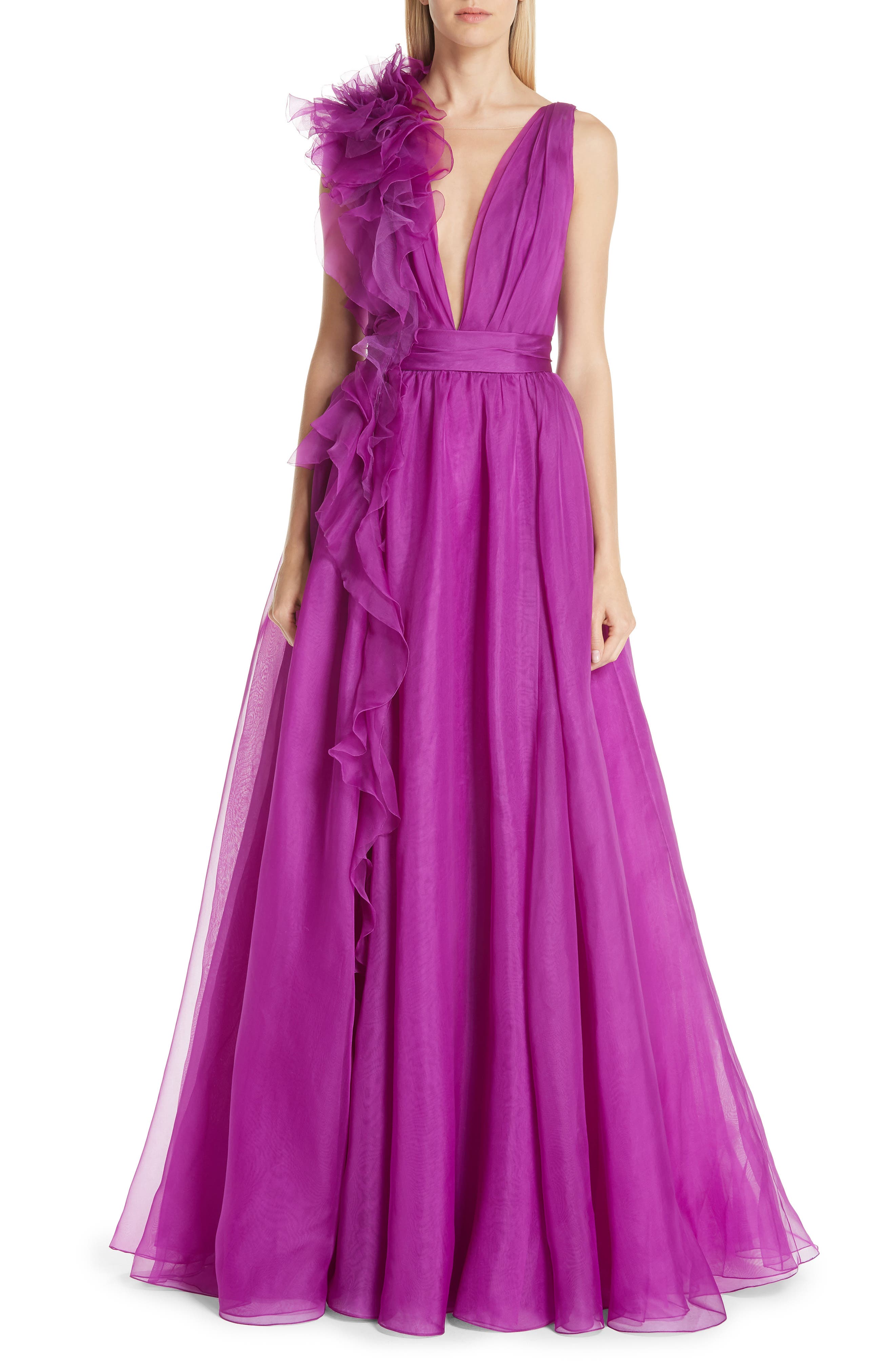 Marchesa Ruffle Silk Organza Evening Dress, Purple