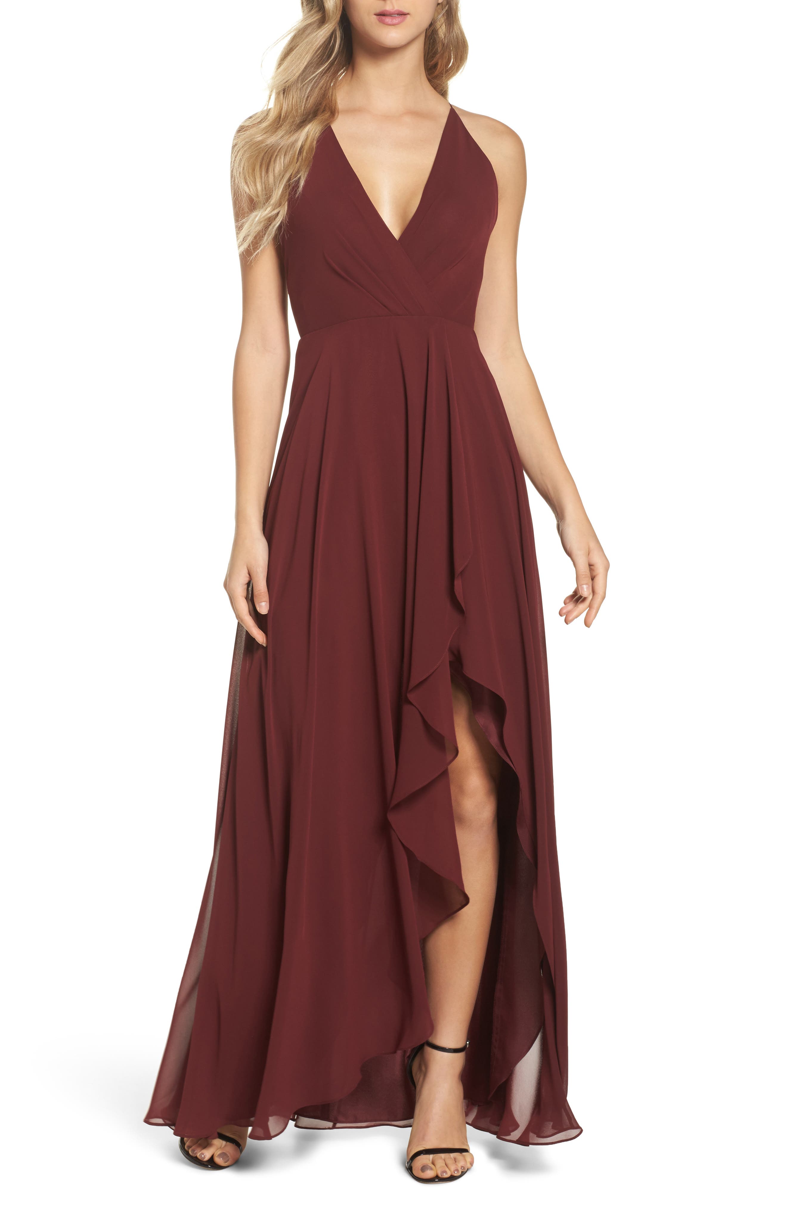 Jenny Yoo Farrah Ruffle Skirt Chiffon Gown, Burgundy