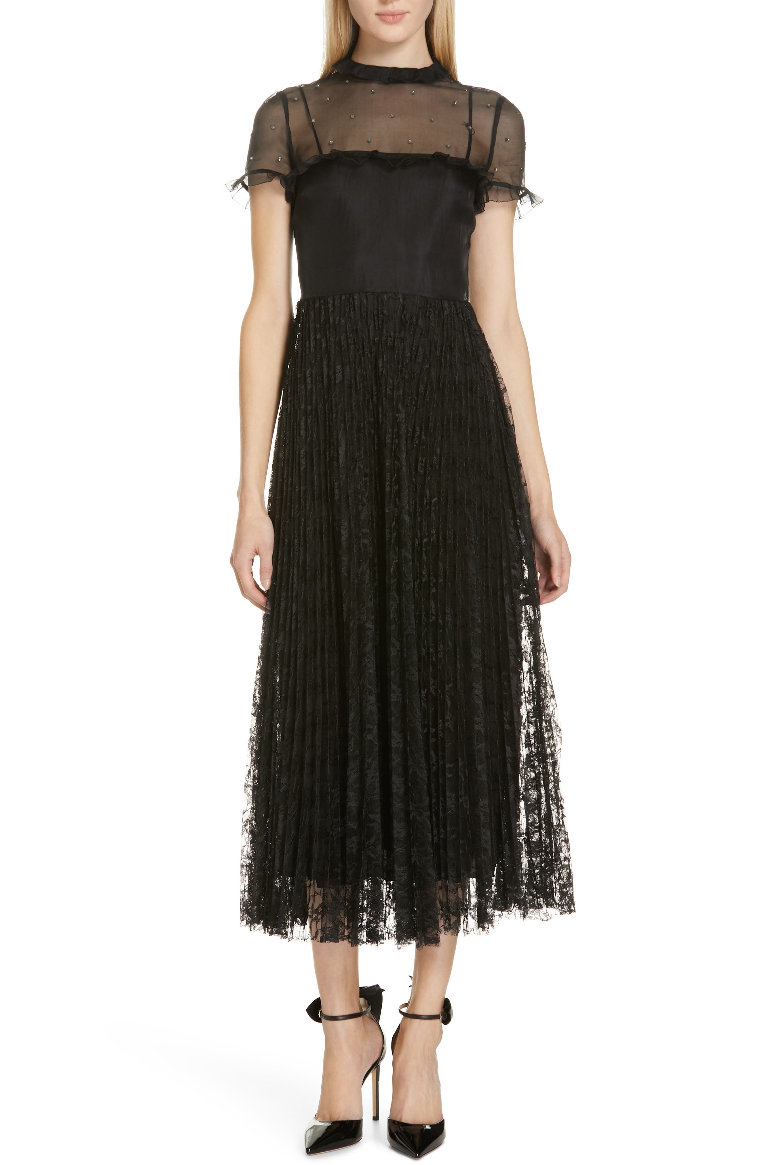 Red Valentino Studded Yoke Lace Skirt Maxi Dress, US / 46 IT - Black