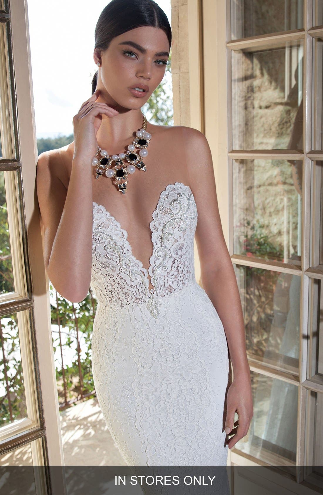 Berta Plunging V-Neck Strapless Lace Dress