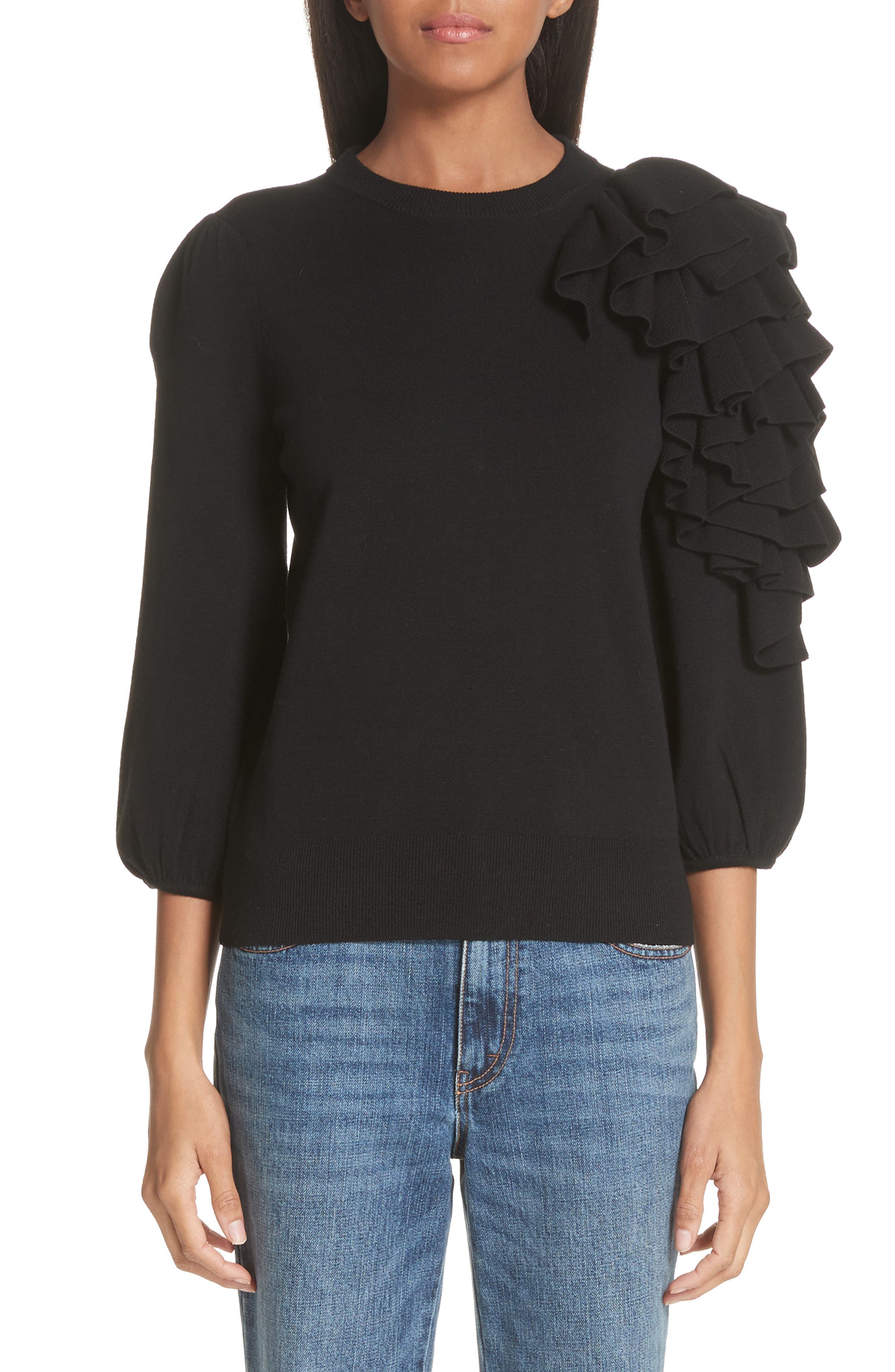 Co Ruffle Sleeve Merino Wool Sweater, Black