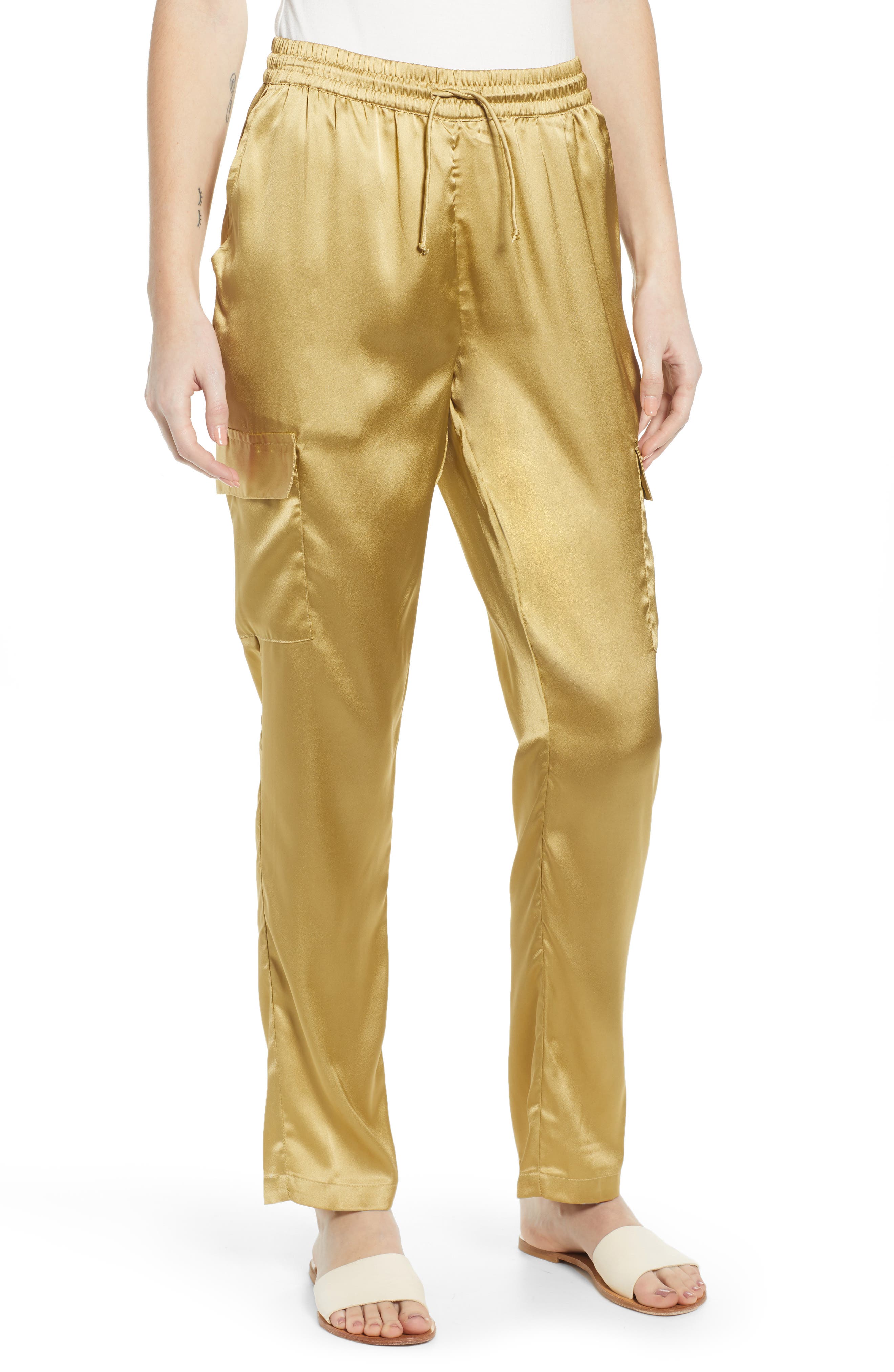 Noisy May Satin Cargo Pants, Beige