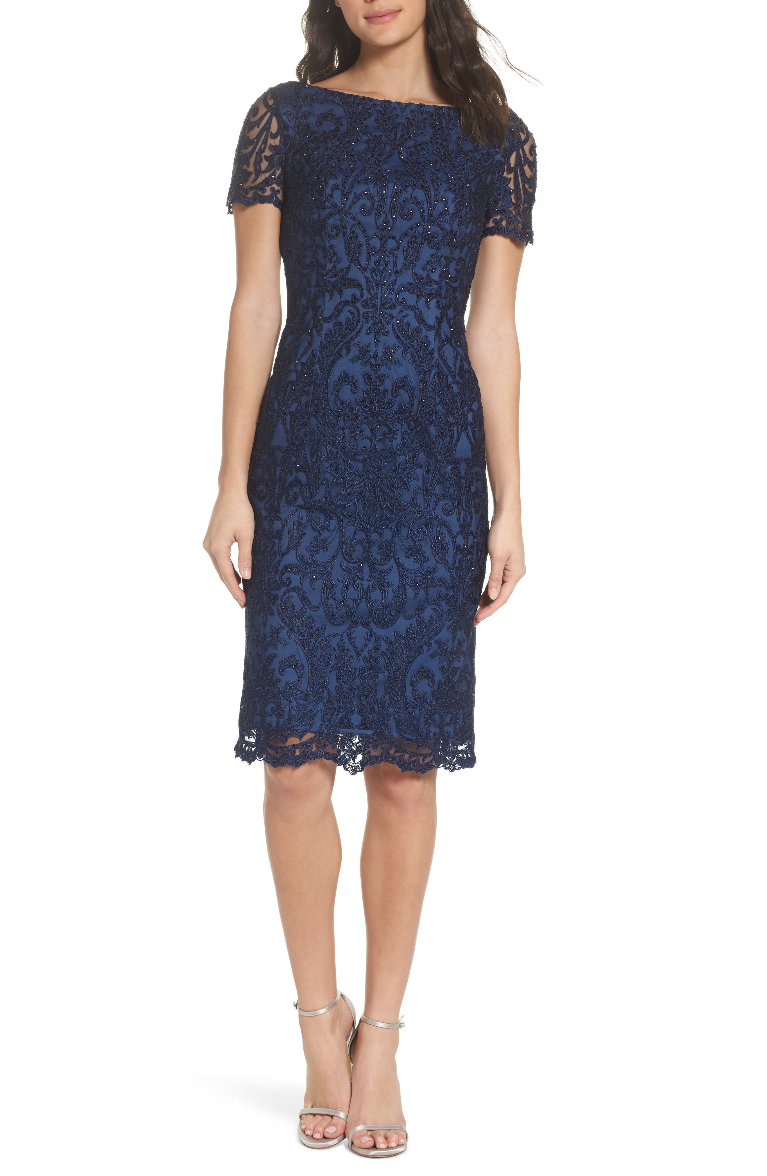 La Femme Beaded Lace Sheath Dress, Blue