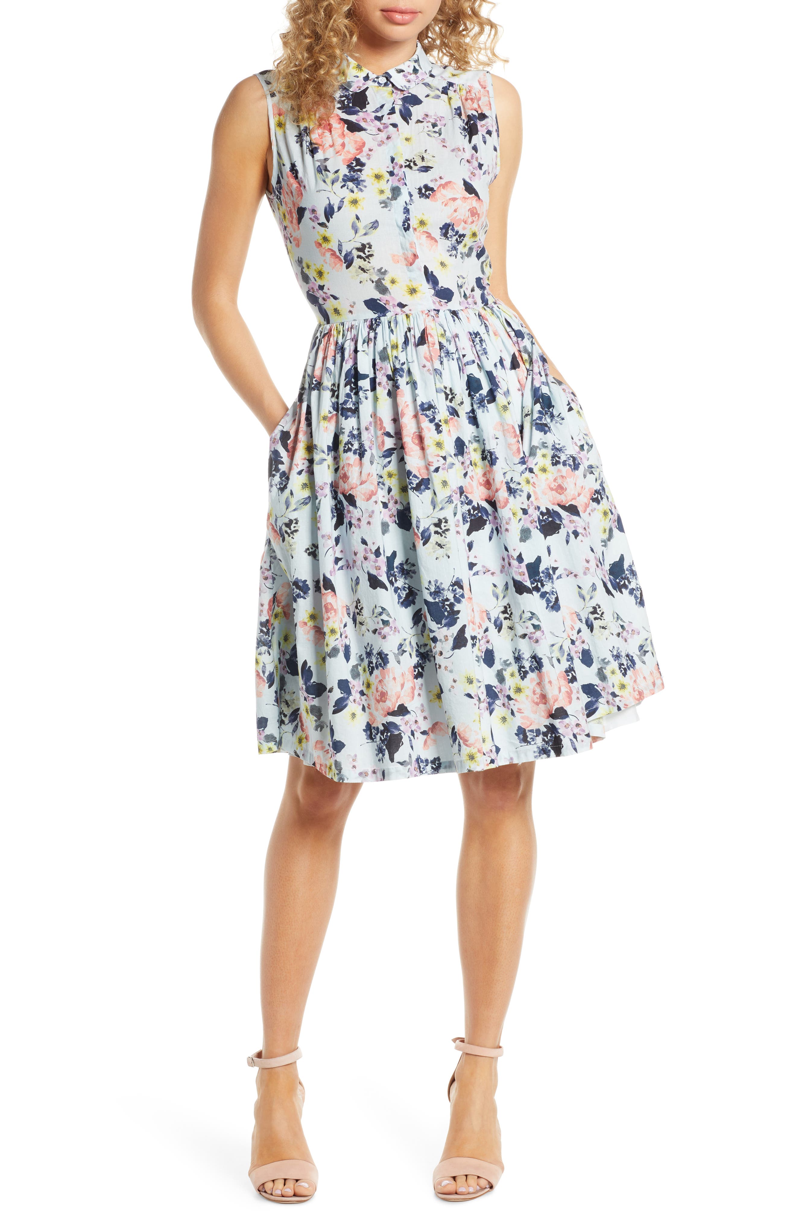 French Connection Armoise Voile Fit & Flare Dress, Blue