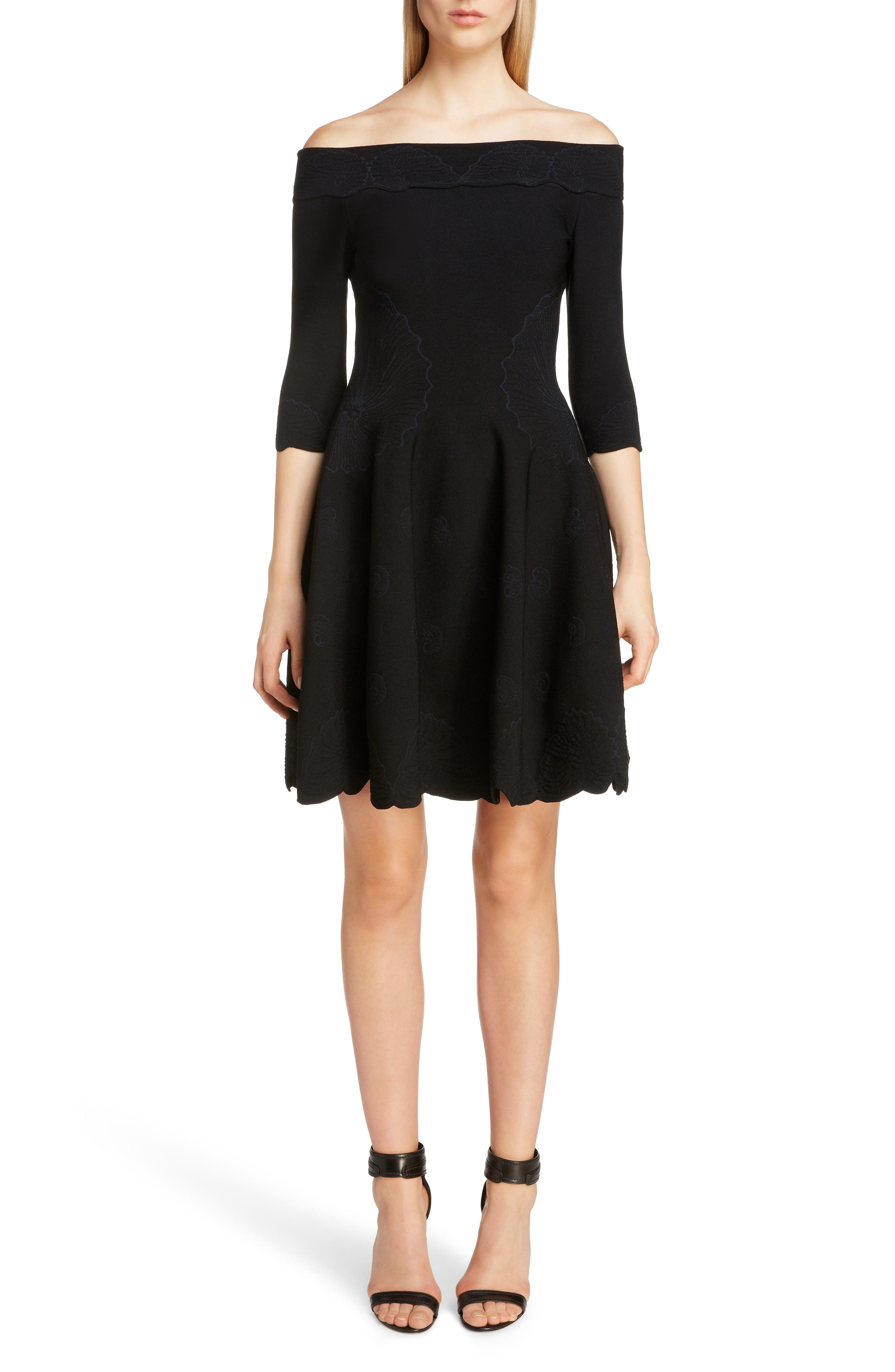 Alexander Mcqueen Off The Shoulder Shell Jacquard Dress, Black