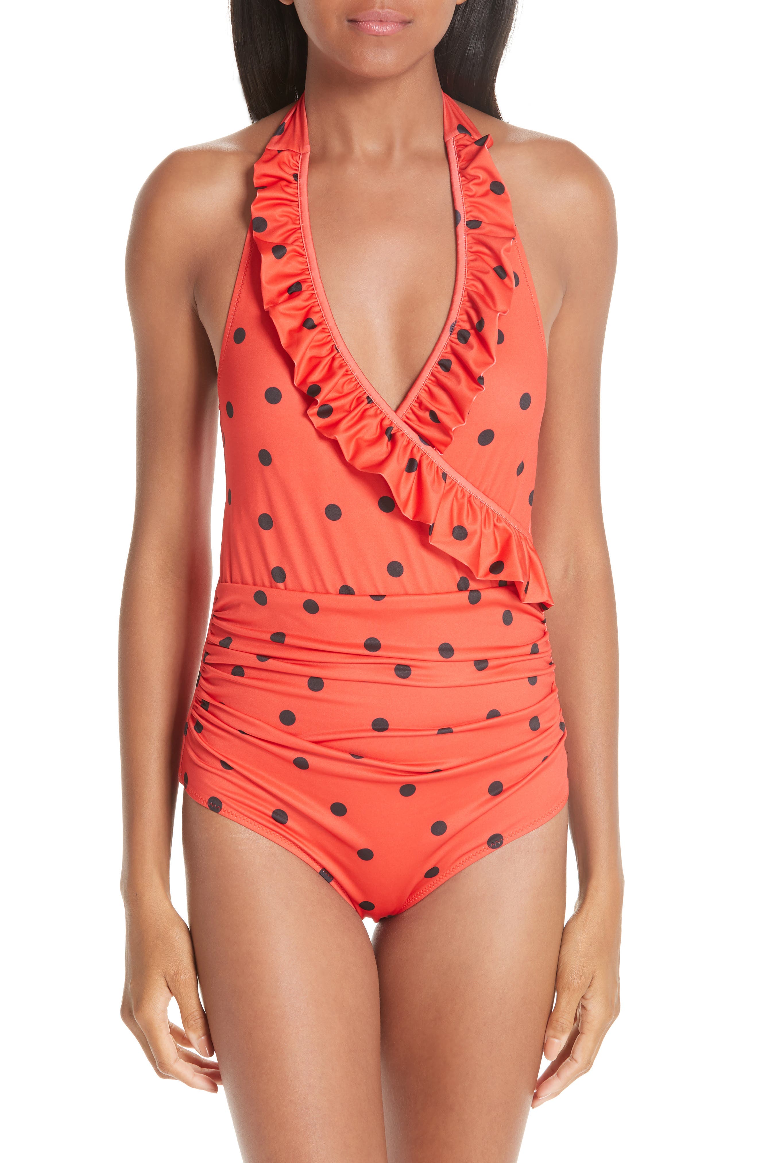 Ganni Print One-Piece Swimsuit, Red