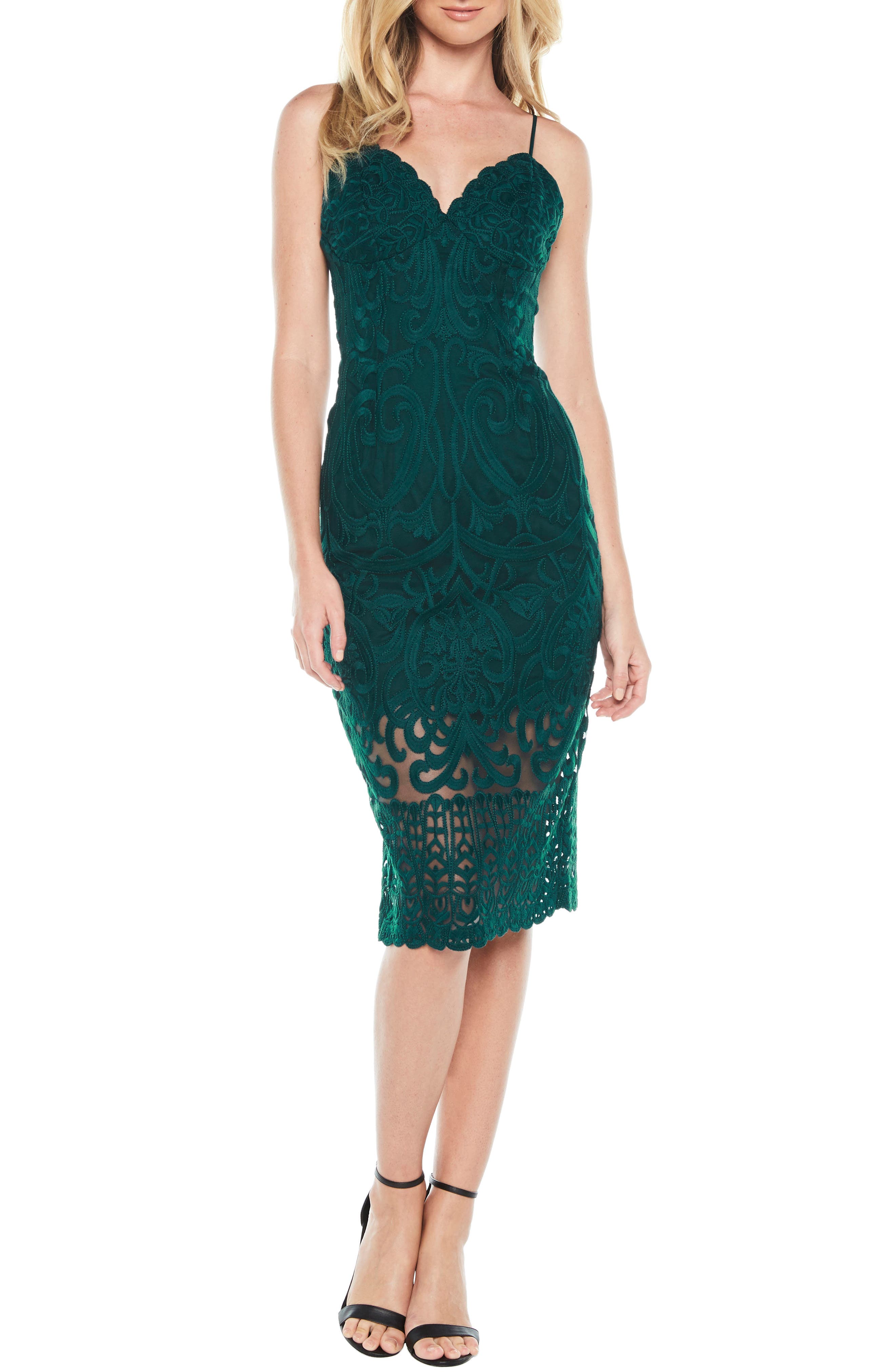 Bardot Gia Lace Pencil Dress, Green