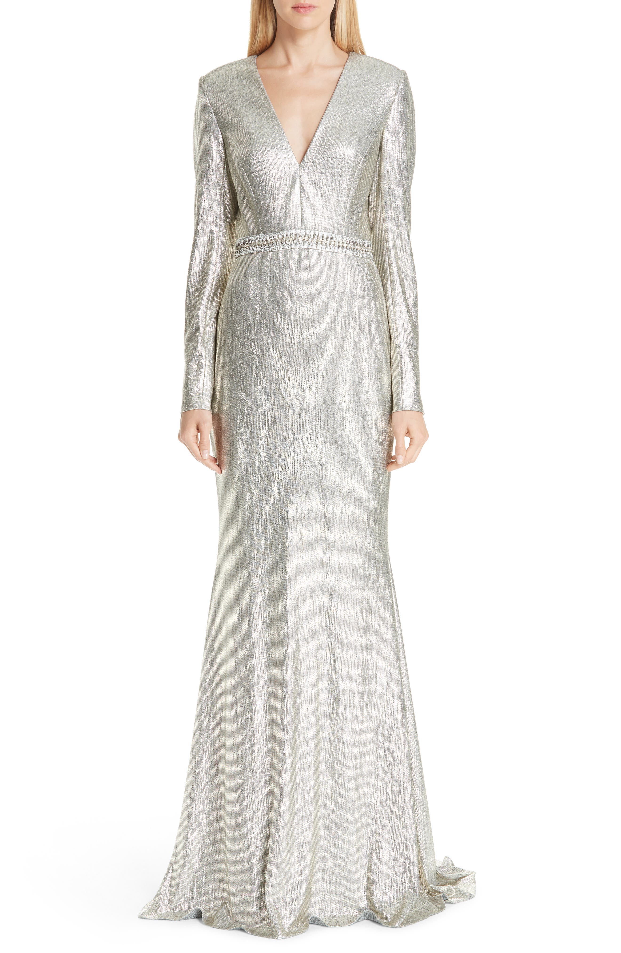 Badgley Mischka Collection Beaded Waist Metallic Gown, Metallic