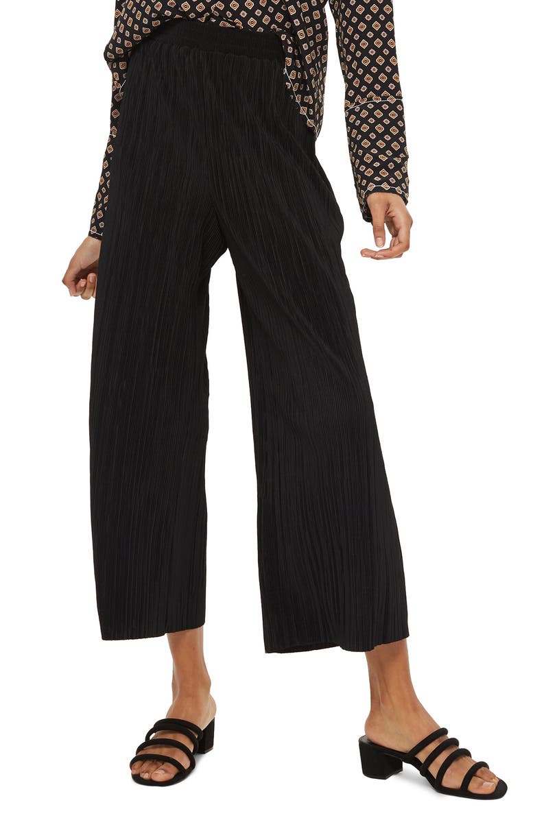 TOPSHOP Track Band Plissé Wide Leg Trousers, Main, color, BLACK