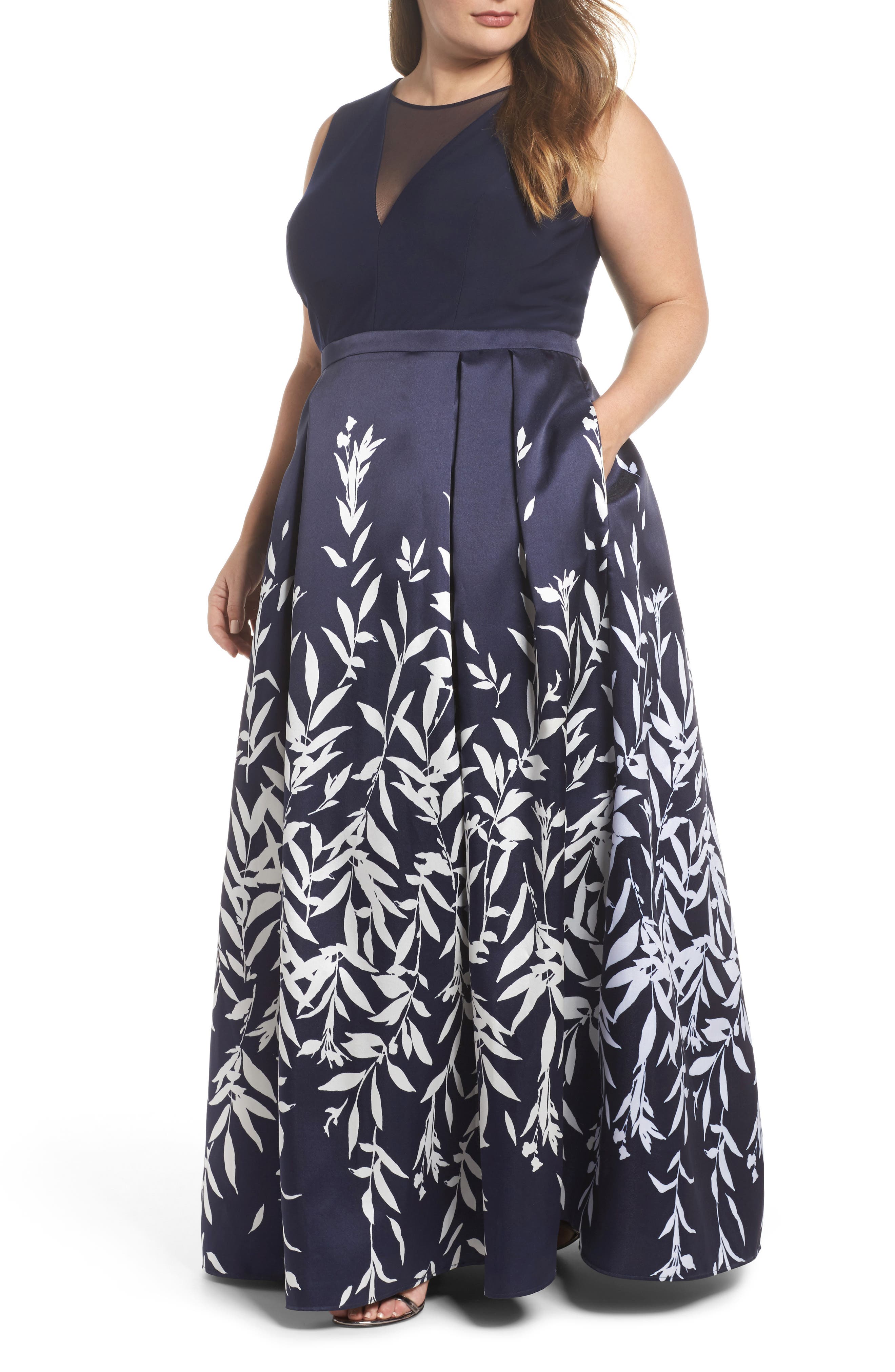 Plus Size Morgan & Co. Mikado Illusion V Neck Gown, Blue