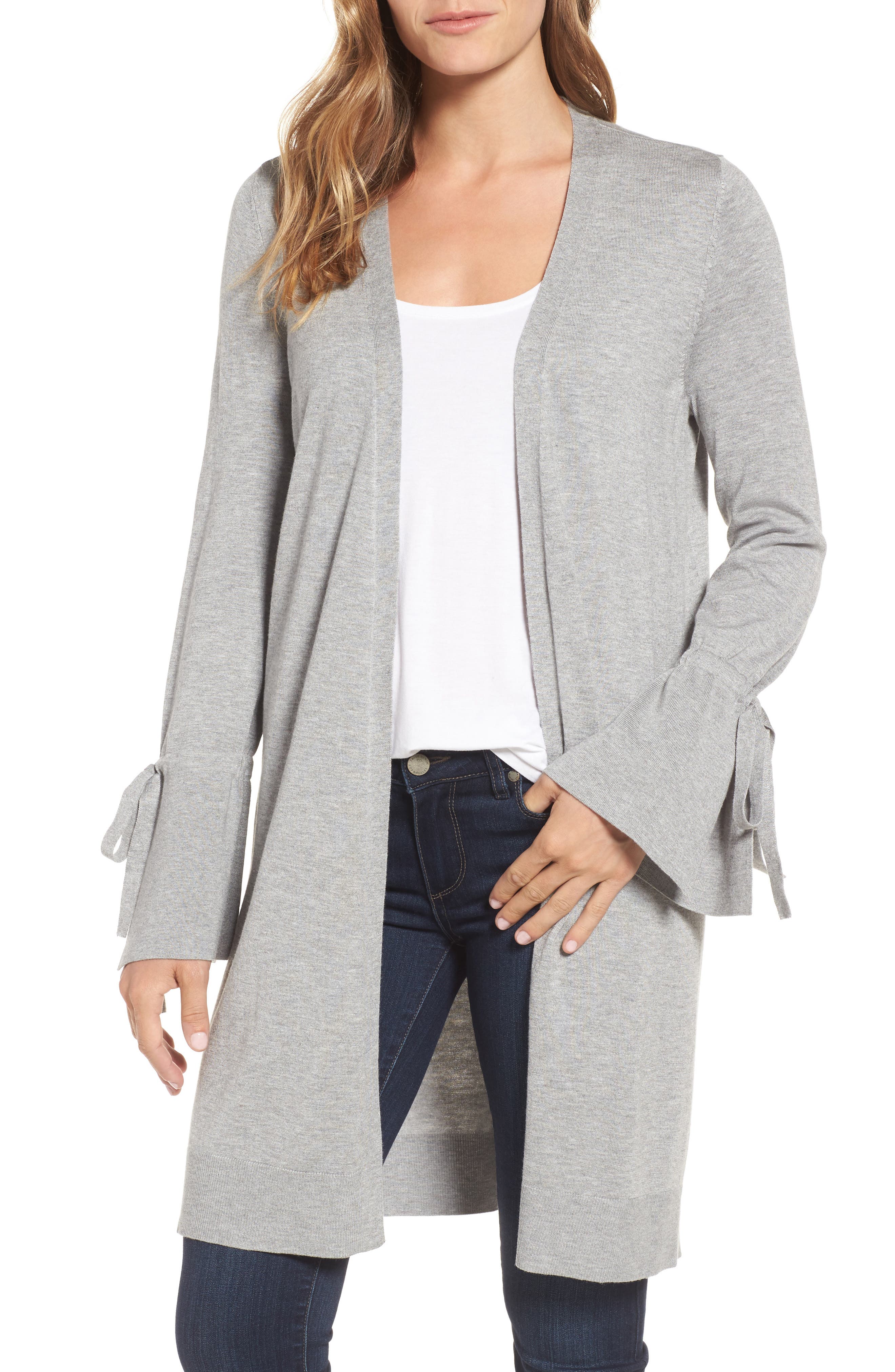 Halogen® Lightweight Tie Sleeve Cardigan (Regular & Petite) Nordstrom