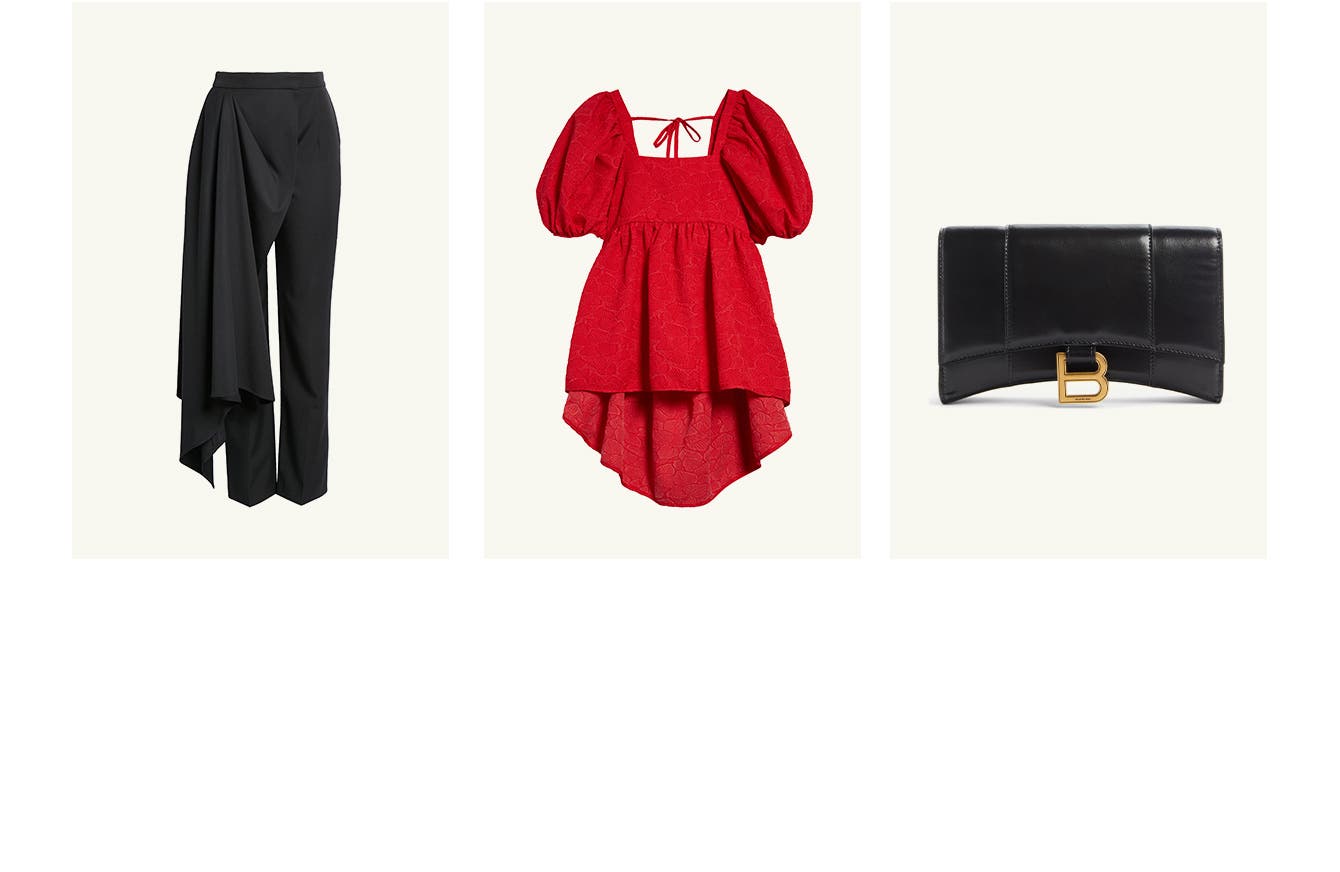 Alexander McQueen pants. Red Cecilie Bahnsen top. Balenciaga handbag.
