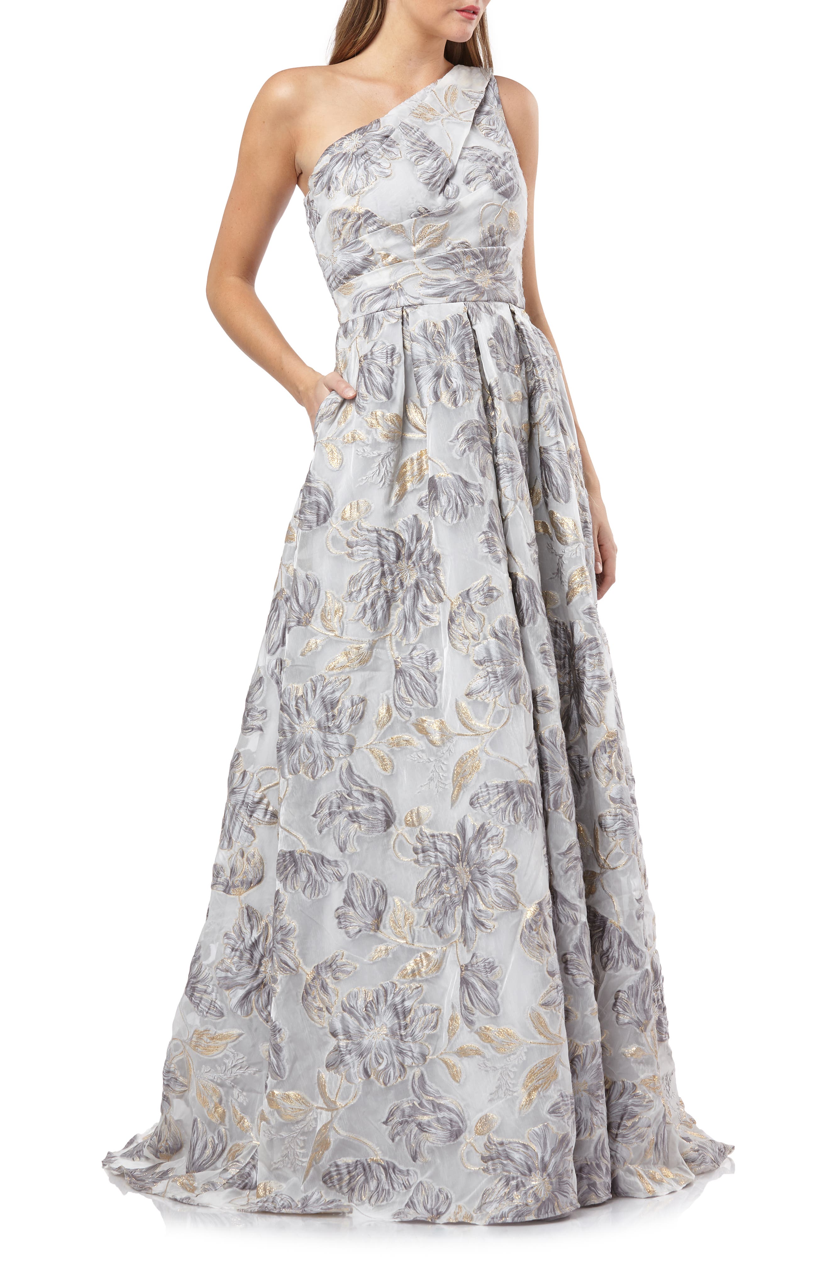 Carmen Marc Valvo Infusion One-Shoulder Pleated Brocade Ballgown, Metallic