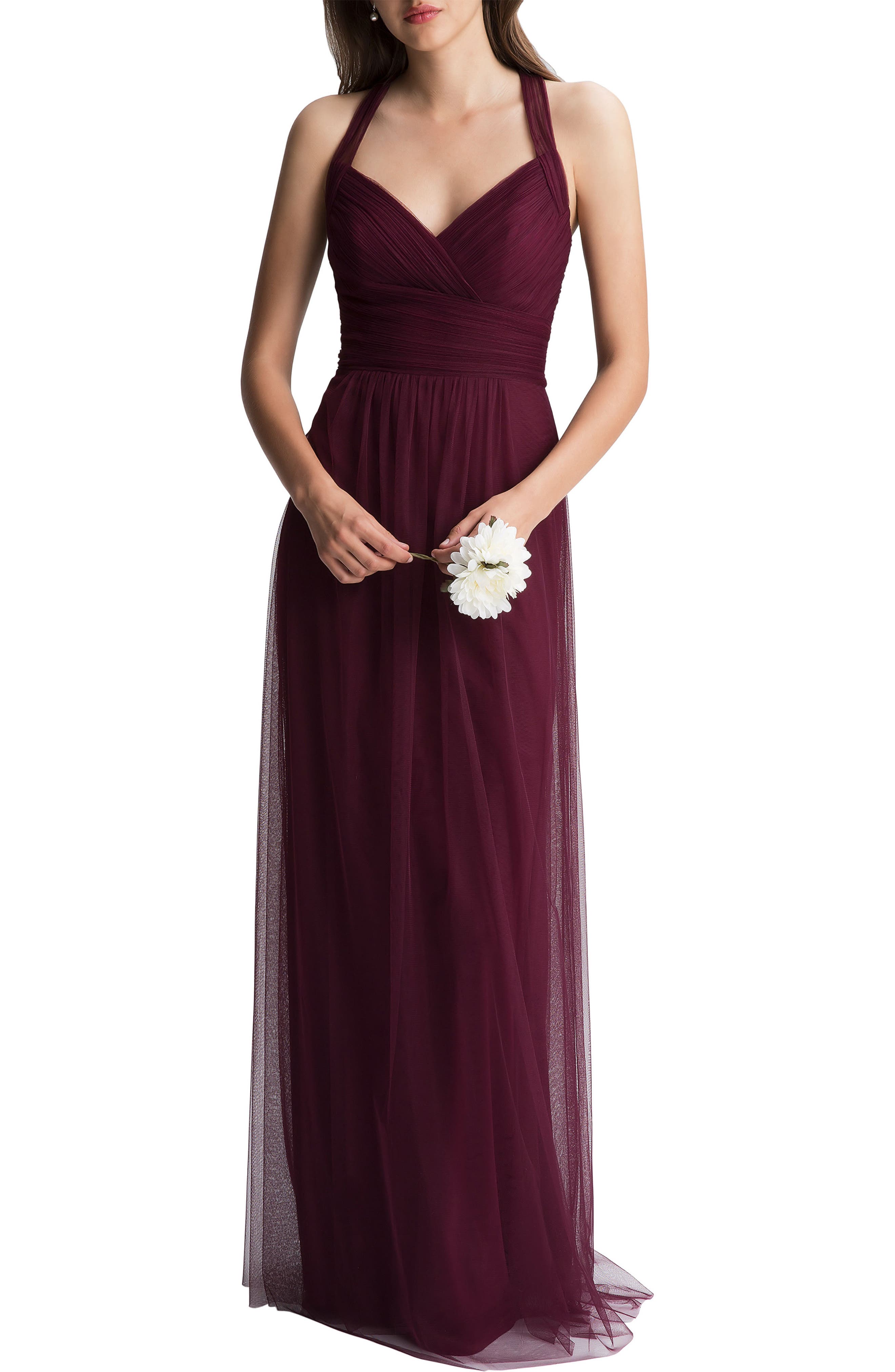 #levkoff Crisscross Strap English Net A-Line Gown, Red