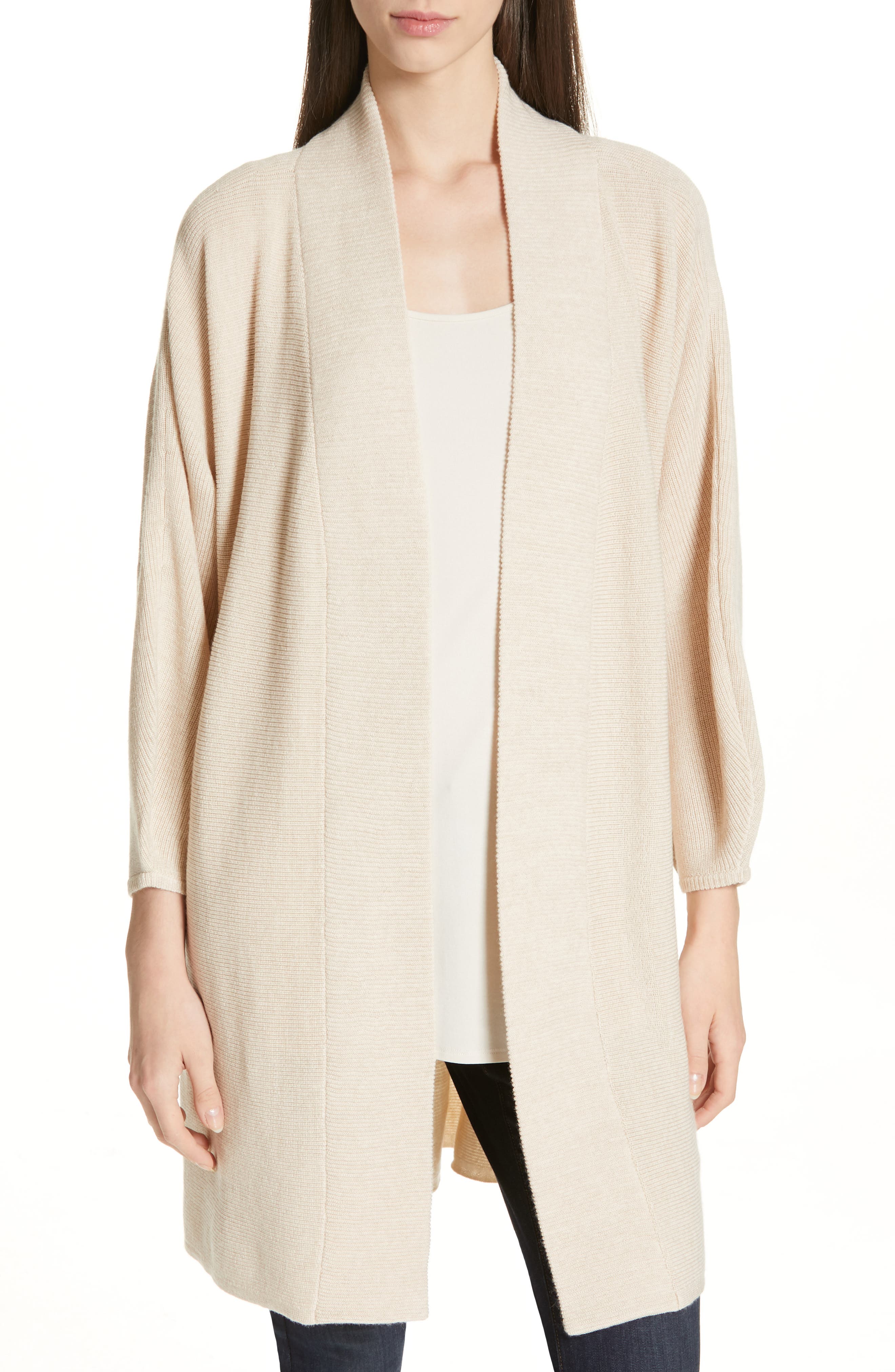 Eileen Fisher Long Merino Wool Cardigan, Beige