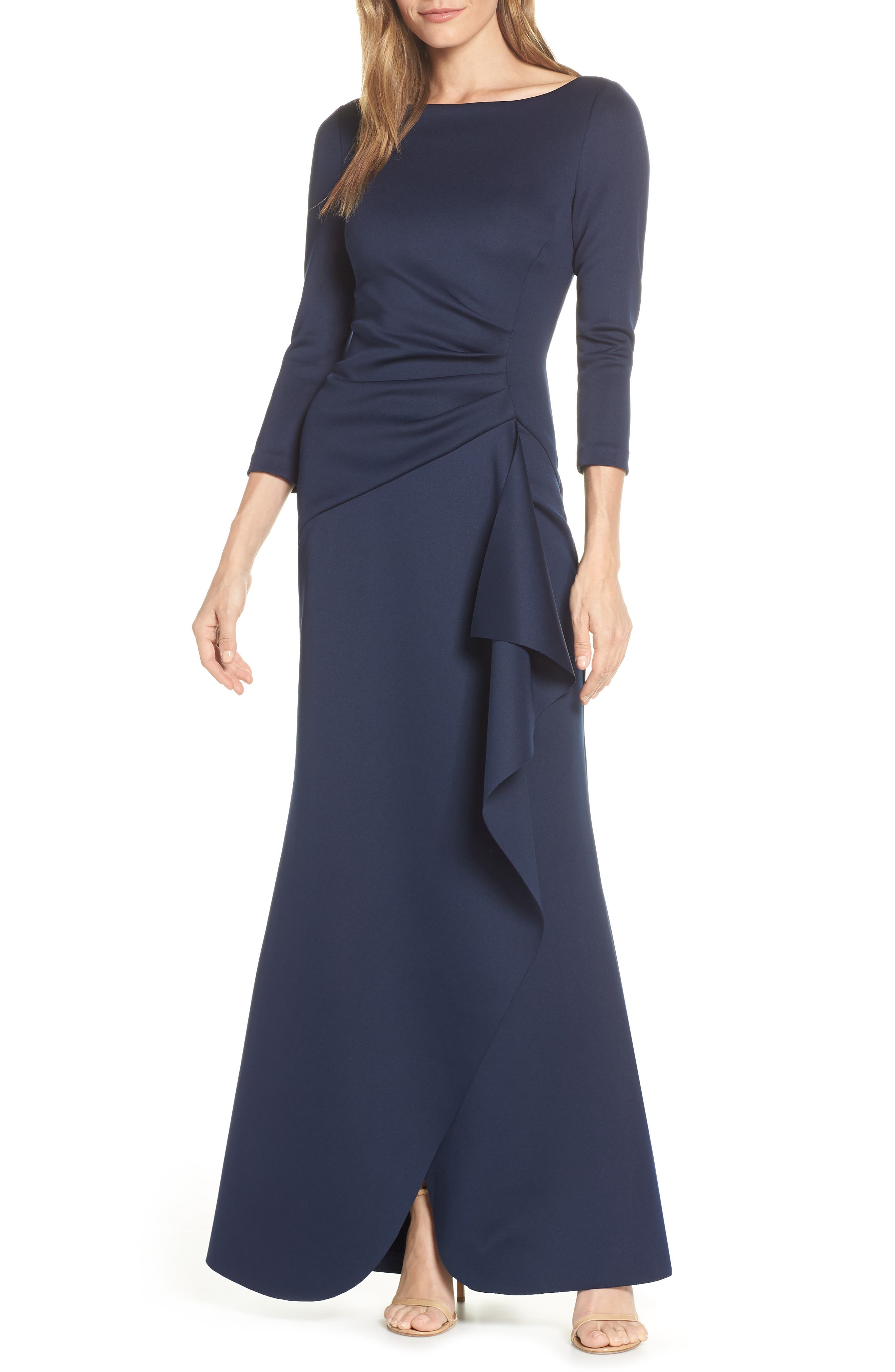Petite Eliza J Techno Scuba Pleat Evening Dress, Blue