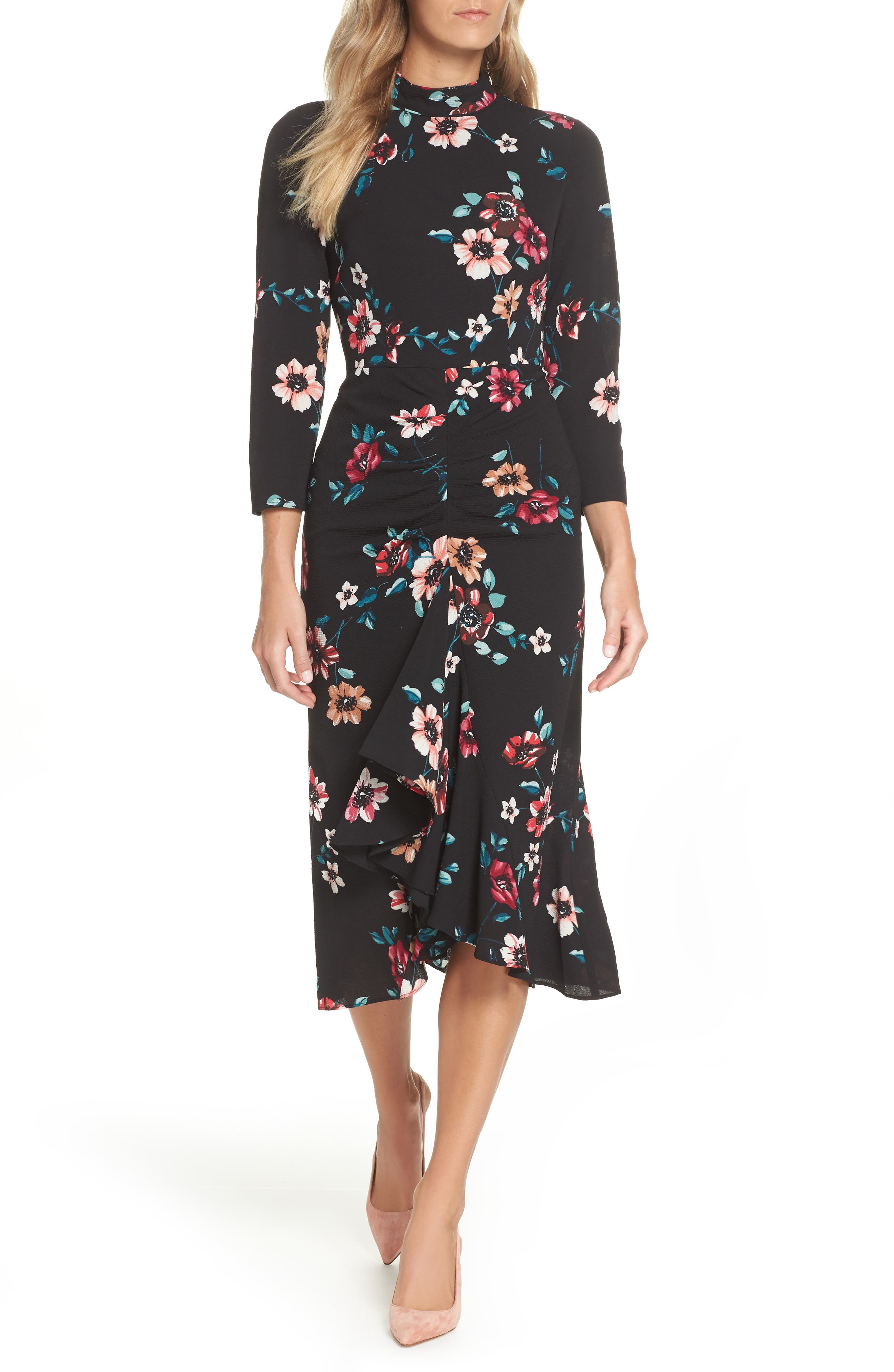Eliza J Floral Ruffle Midi Dress, Black