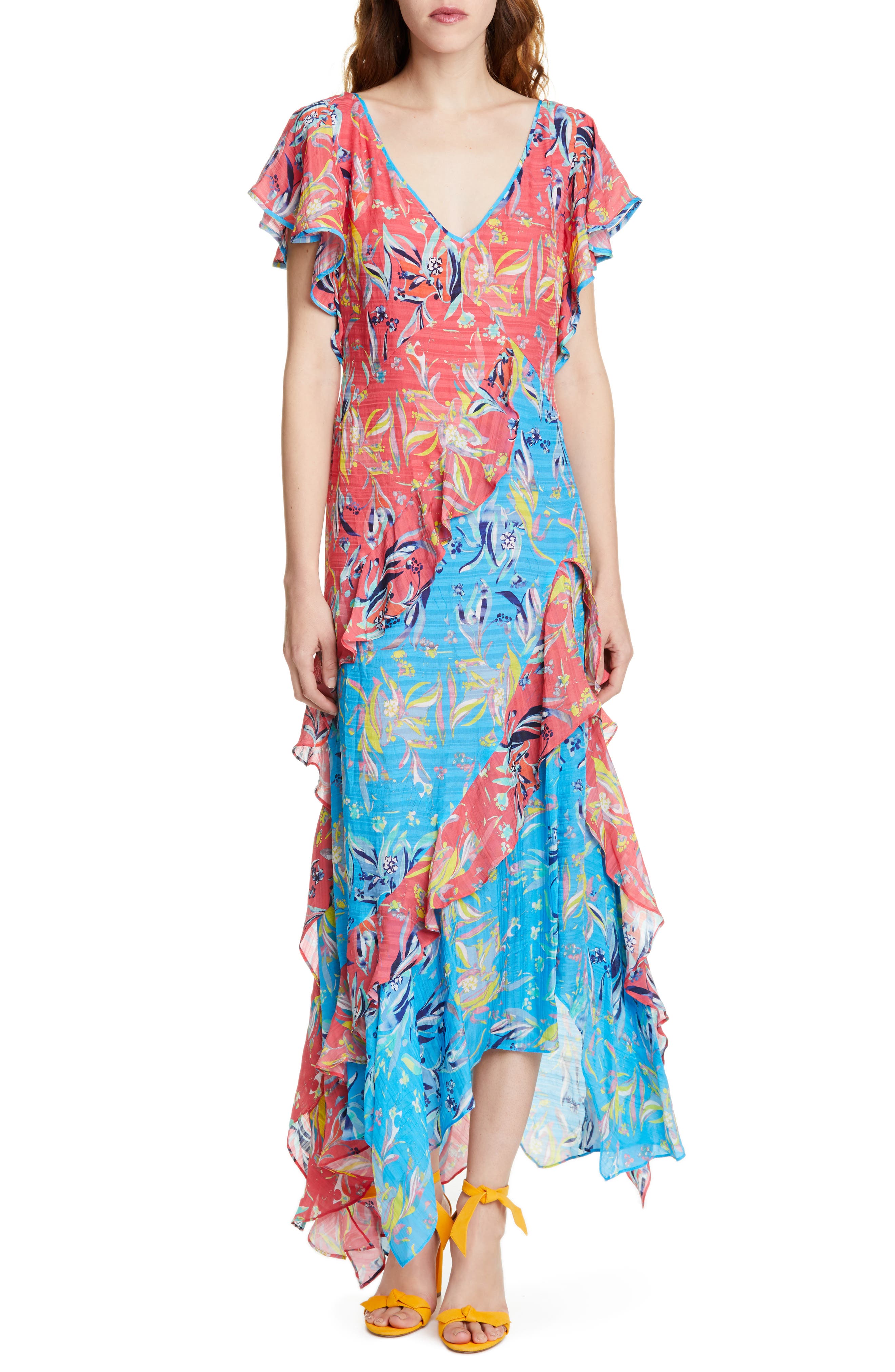Tanya Taylor Iliana Floral Asymmetrical Silk Maxi Dress, Red