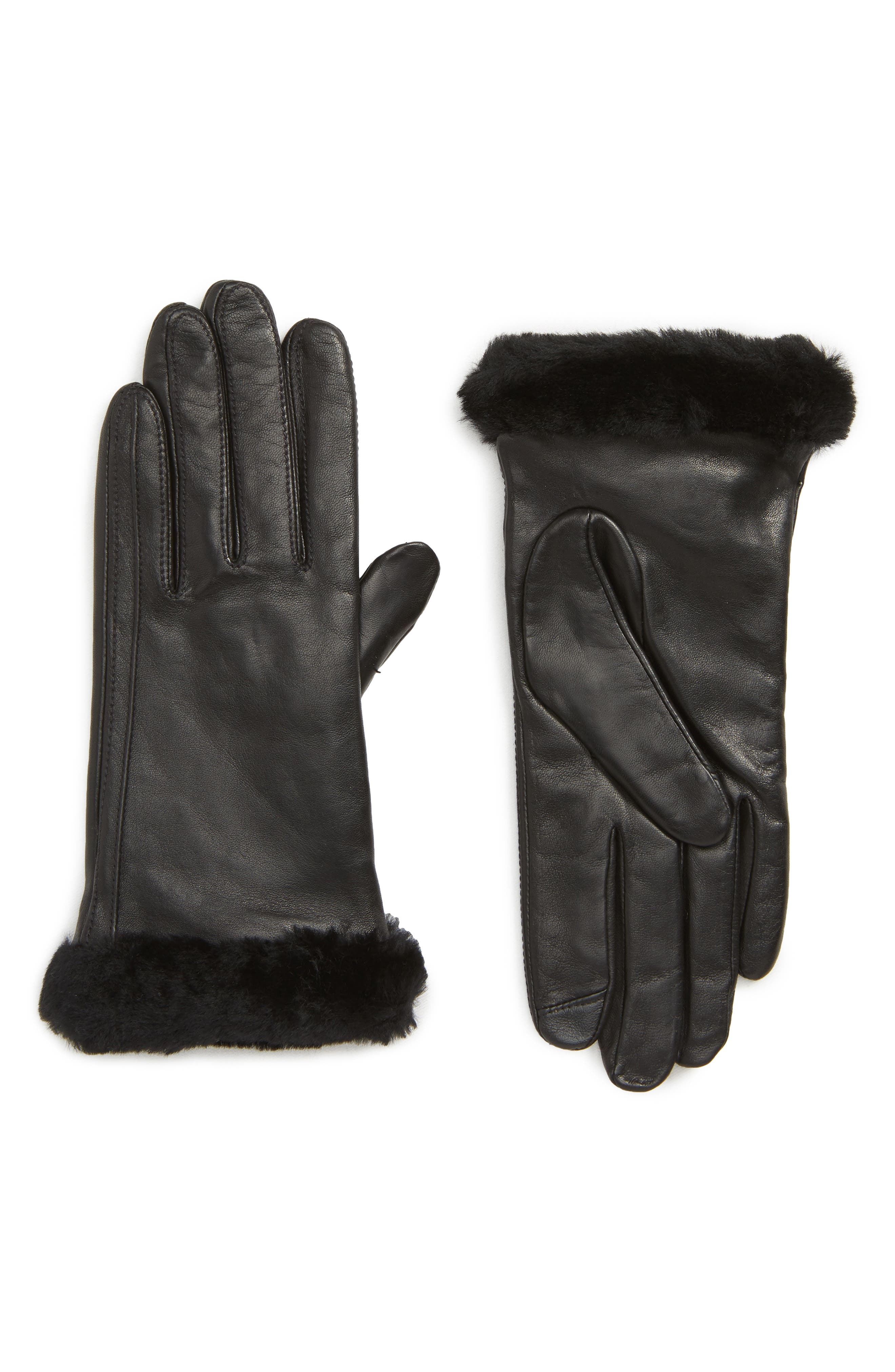 Ugg Touchscreen Compatible Leather Gloves With Genuine Shearling Trim, Black