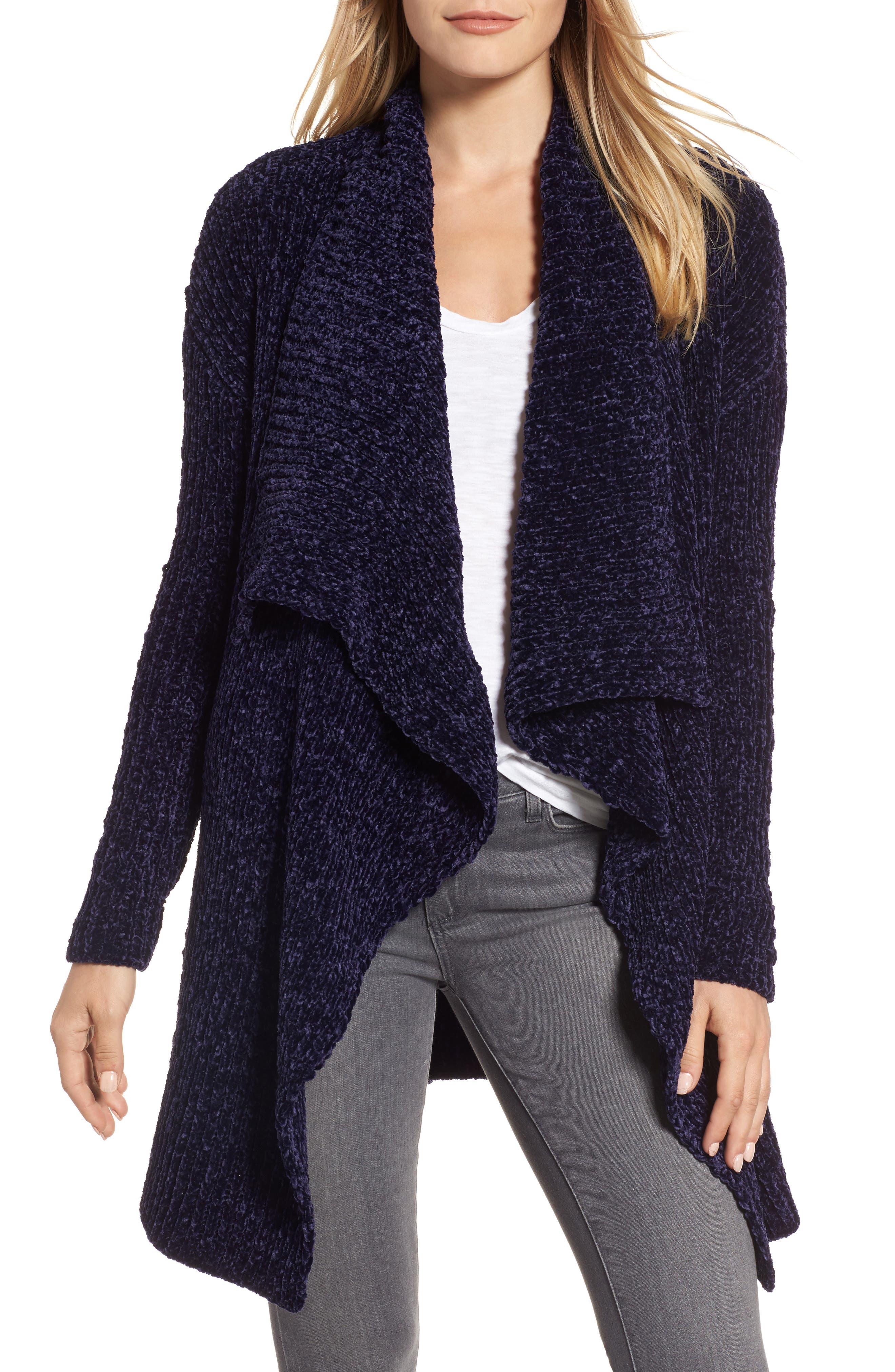 Caslon Long Sleeve Chenille Cardigan, Blue