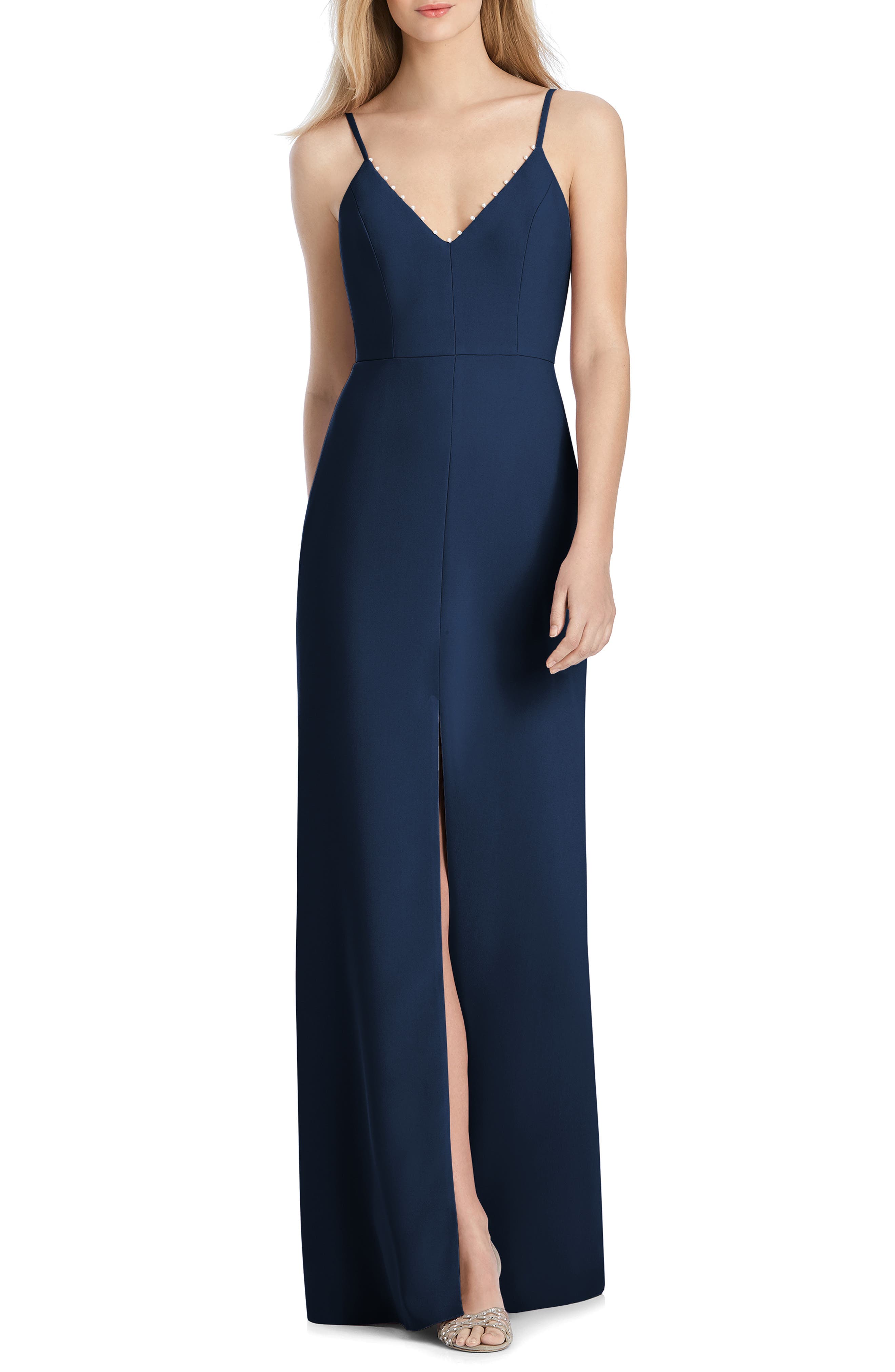 Lela Rose Bridesmaid V-Neck Crepe Mermaid Gown, Blue