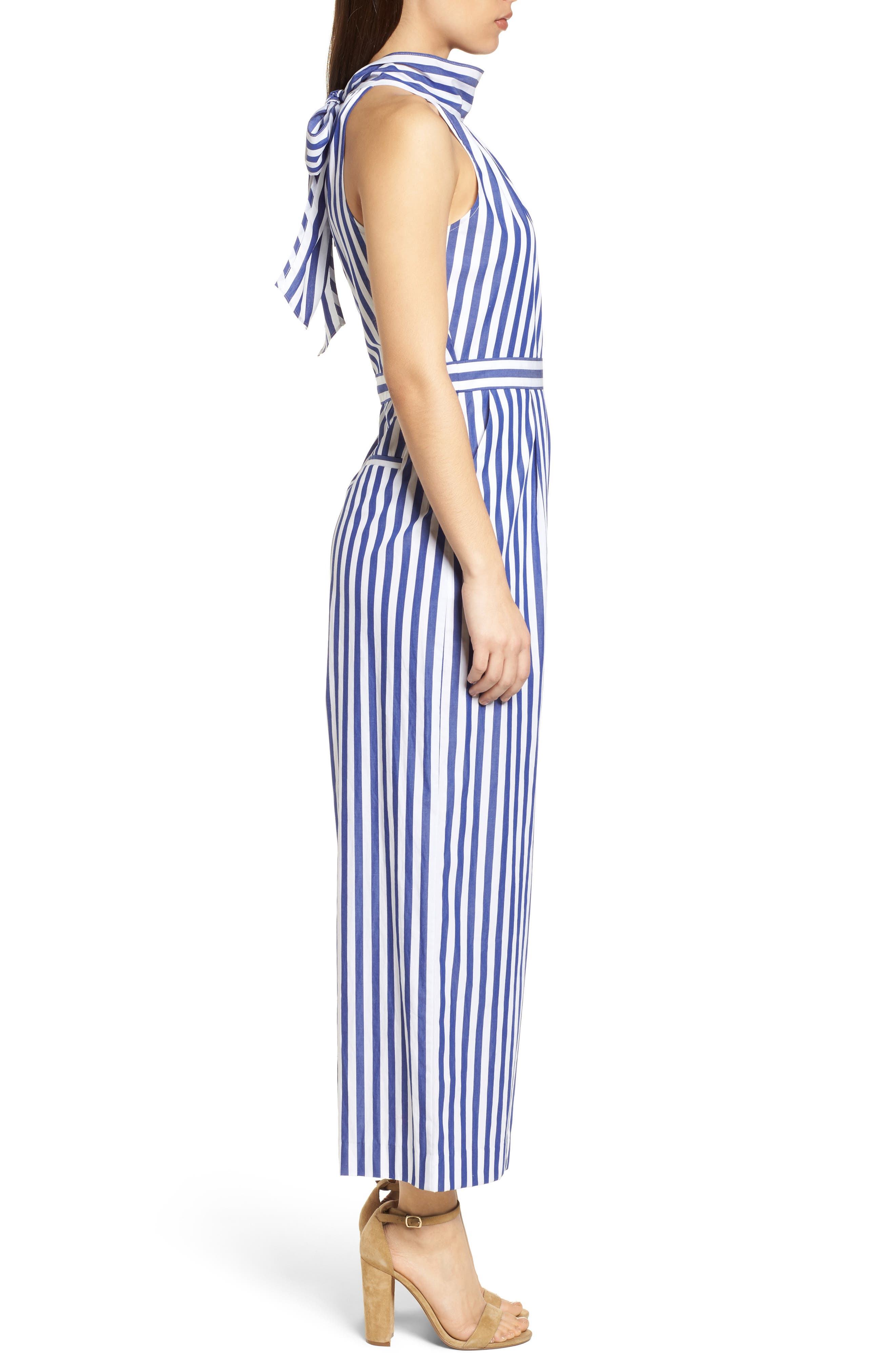 stripe halter wide leg jumpsuit