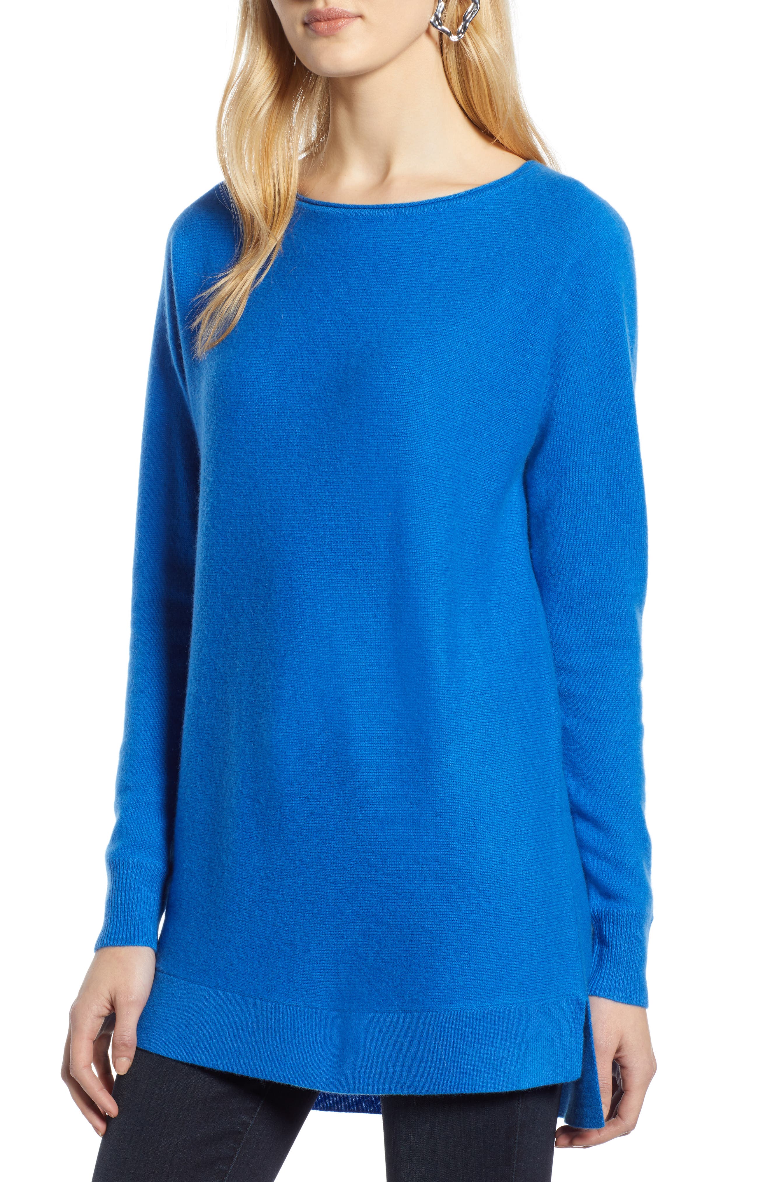 Halogen High/low Wool & Cashmere Tunic Sweater, Blue