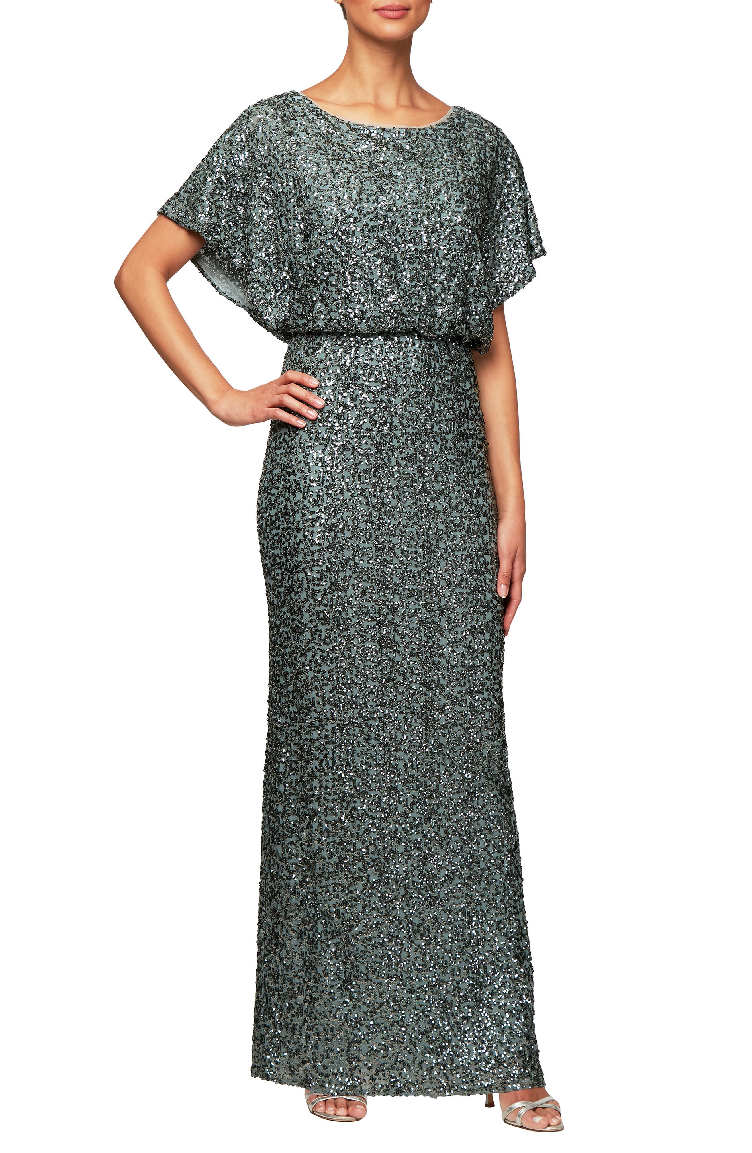 Alex Evenings Sequin Blouson Evening Dress, Green