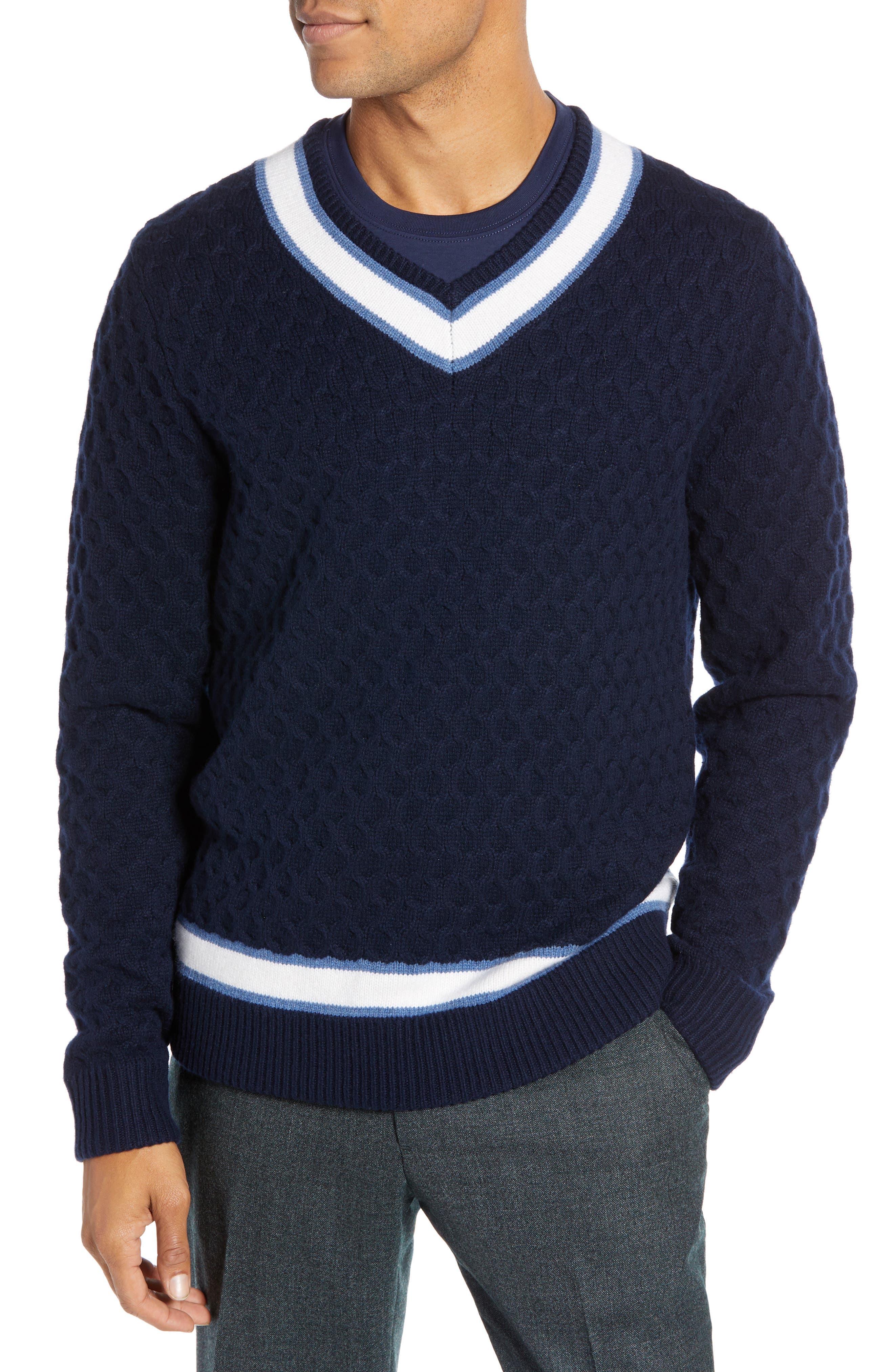 1901 Varsity Stripe V-Neck Wool Blend Sweater, Blue