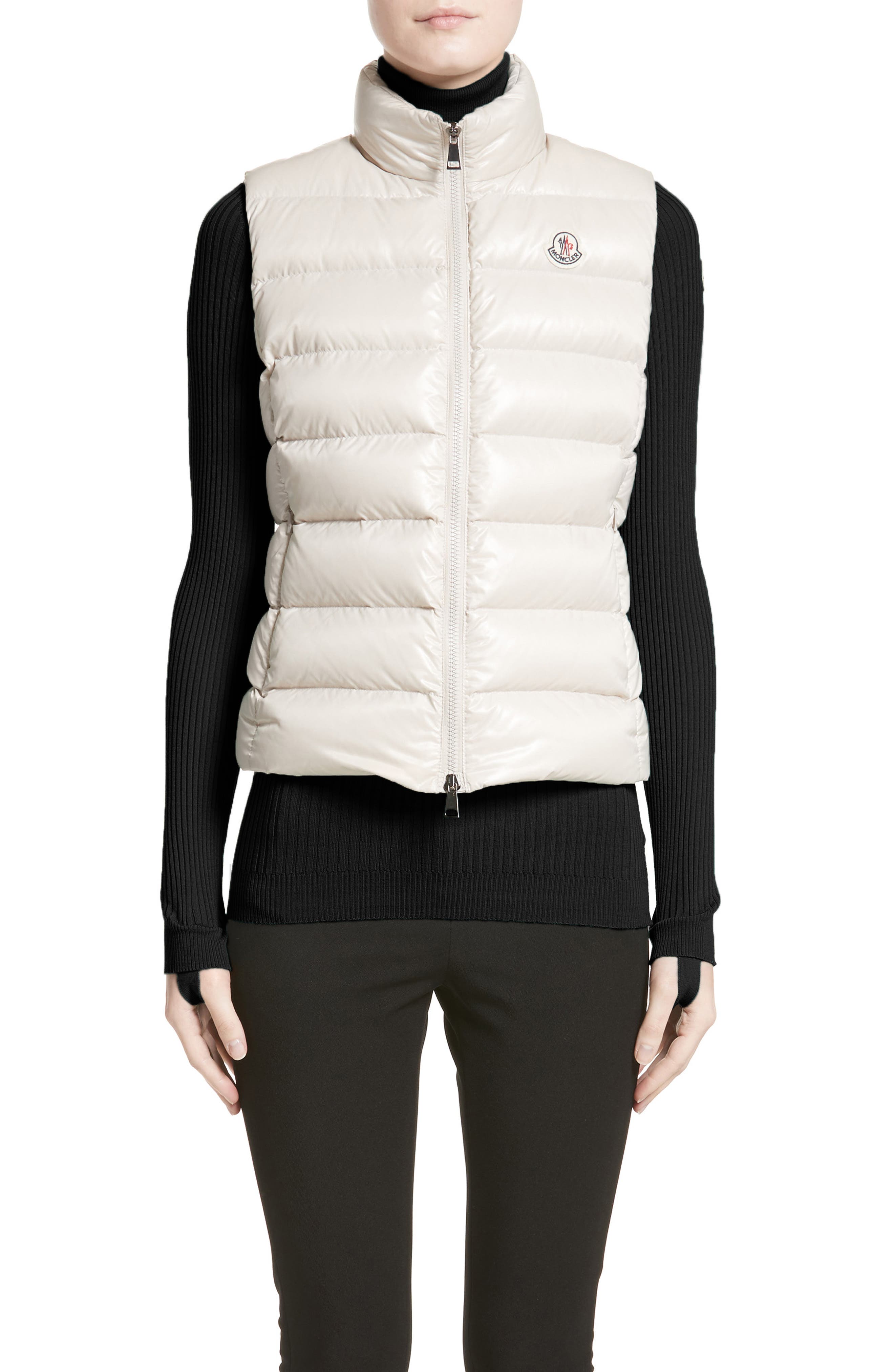Moncler Ghany Water Resistant Shiny Nylon Down Puffer Vest, Ivory