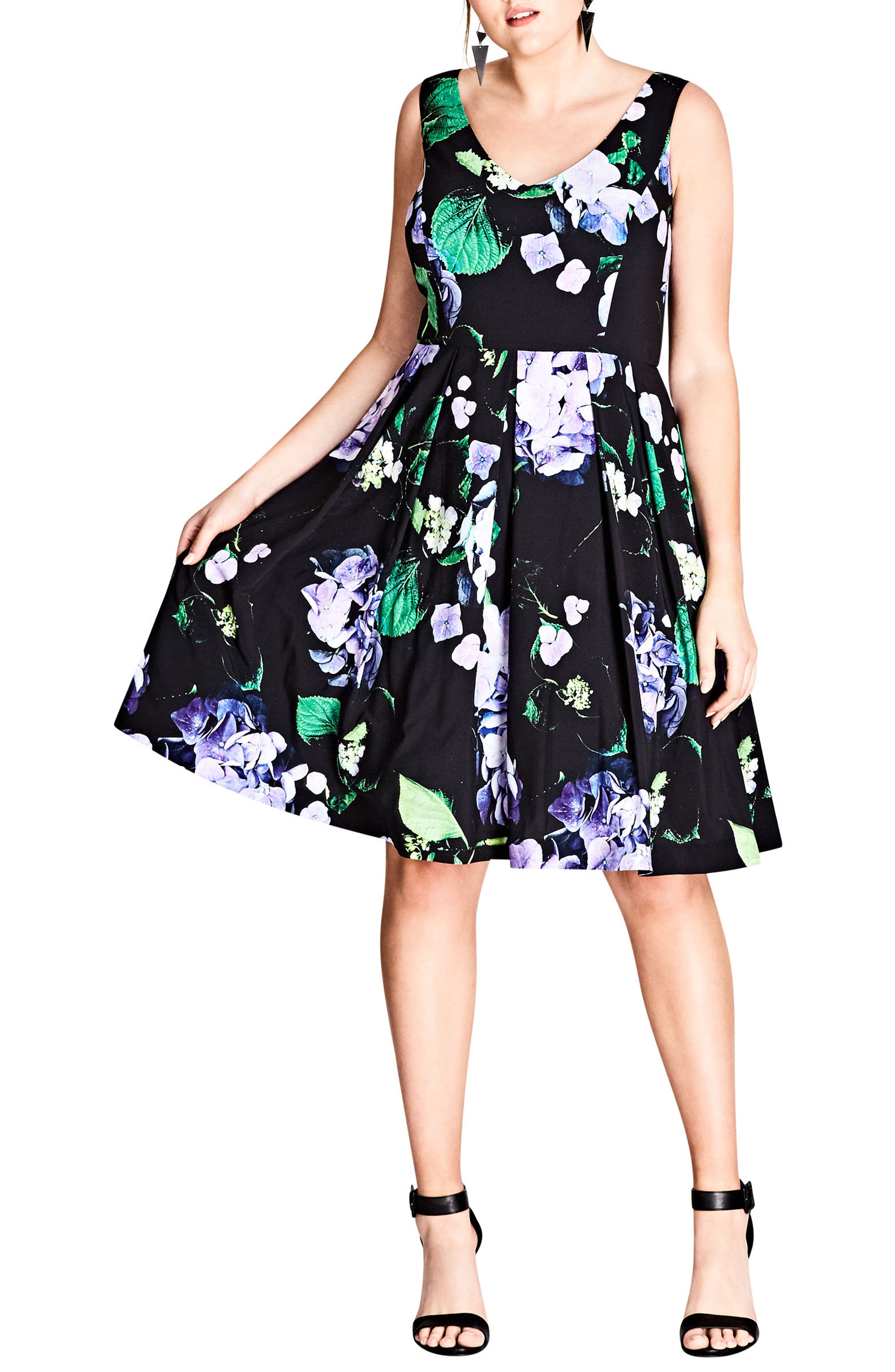 Plus Size City Chic Cinematic Floral Fit & Flare Dress, Black