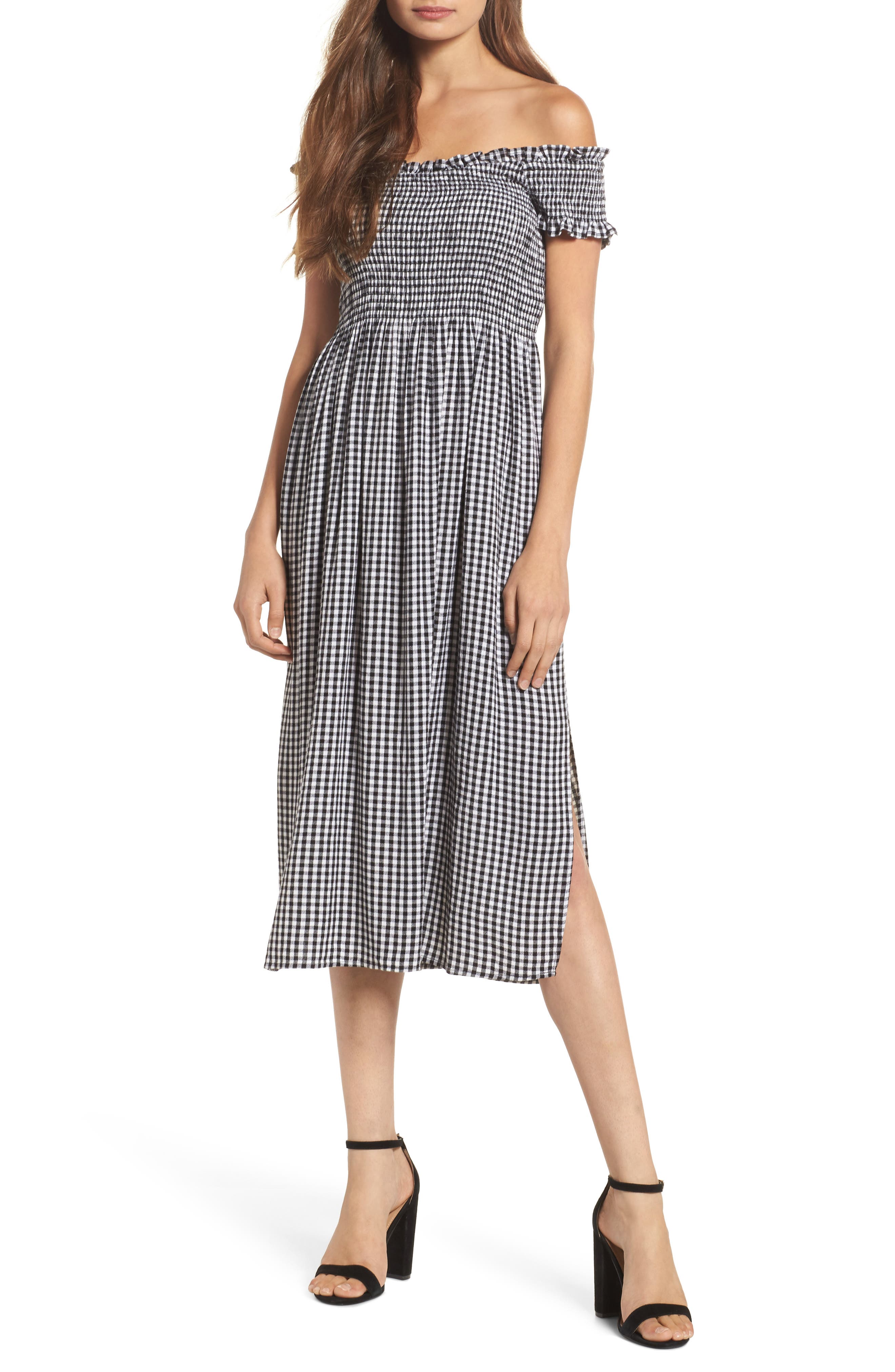 Bardot Gingham Off The Shoulder Midi Dress, Black