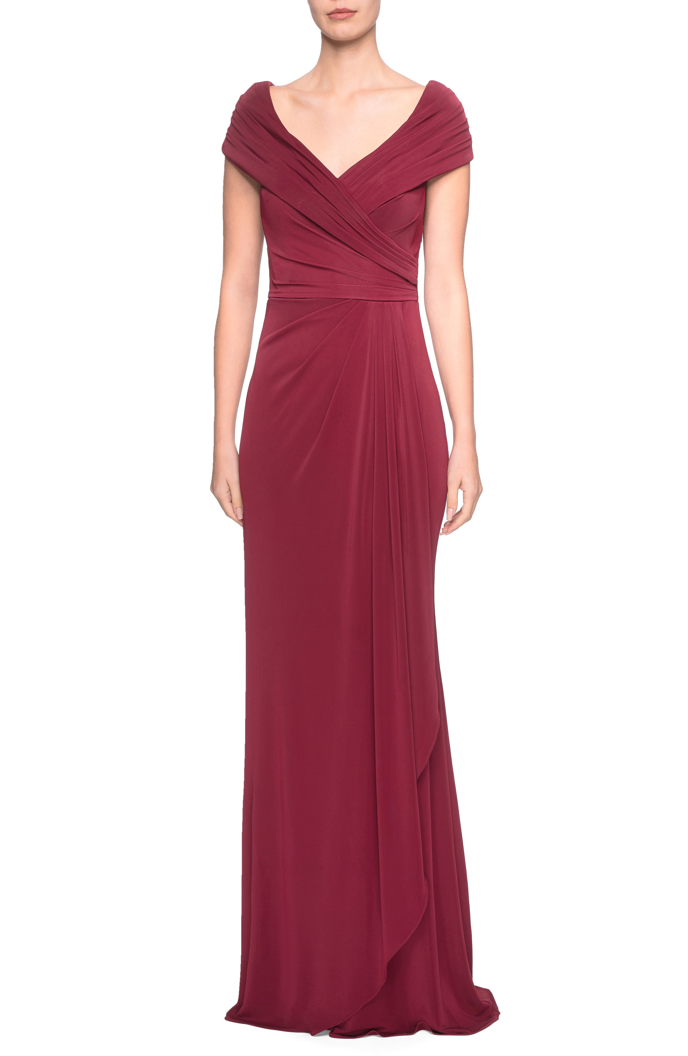 La Femme Ruched Jersey Gown, Burgundy