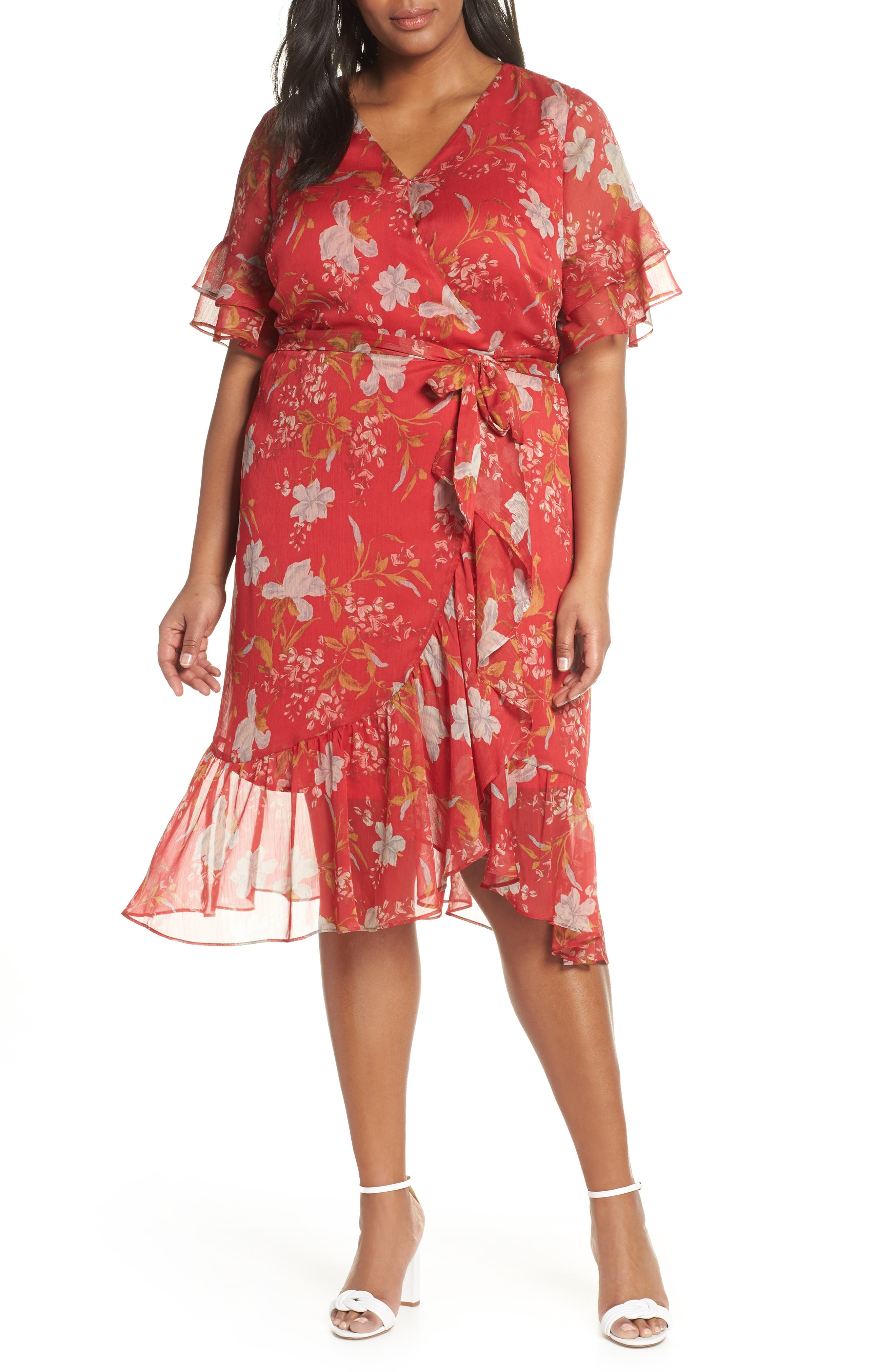 Plus Size Vince Camuto Wildflower Tiered Ruffle Chiffon Dress, Red
