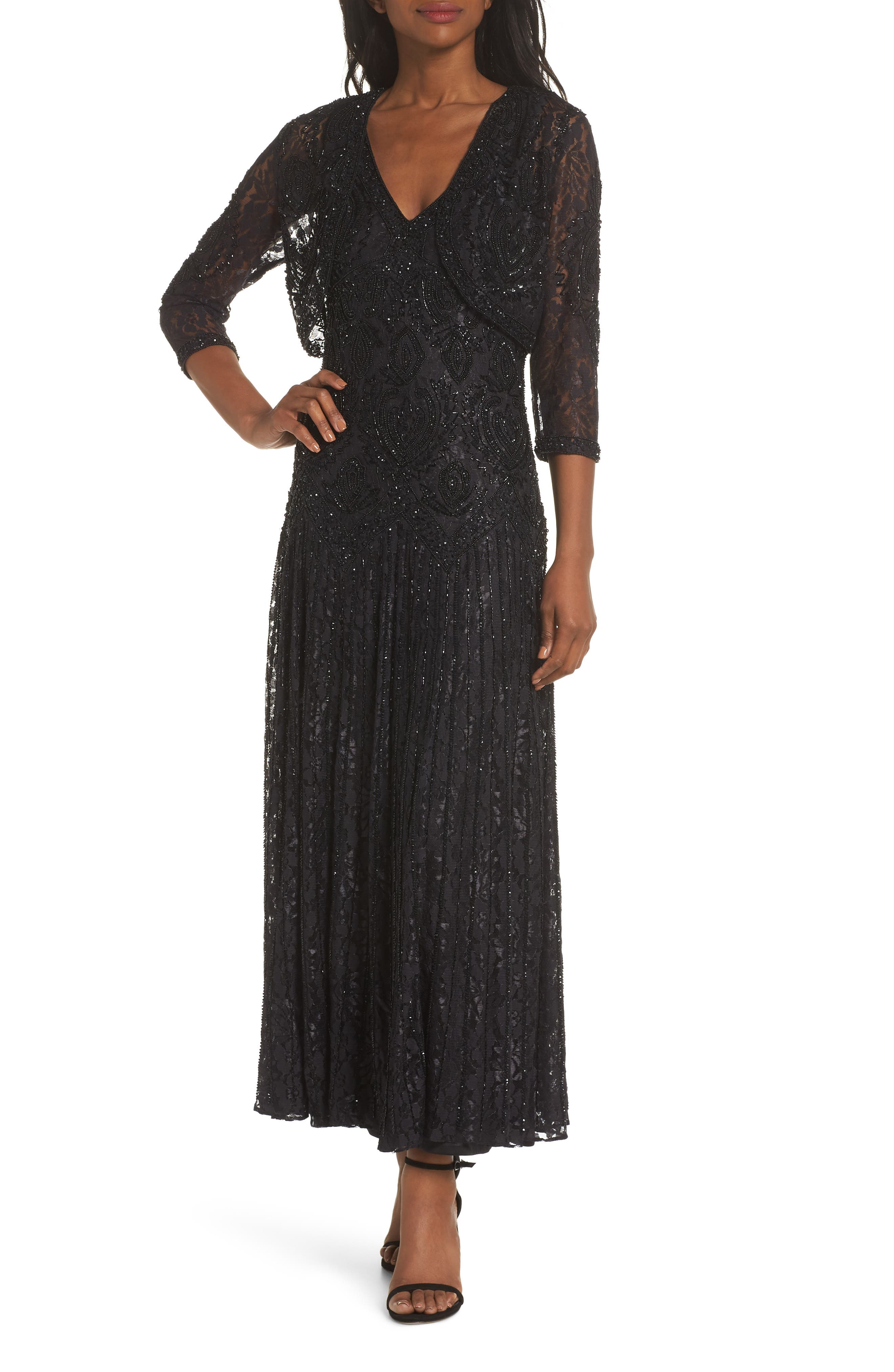 Pisarro Nights Beaded Lace Evening Dress With Bolero, Black