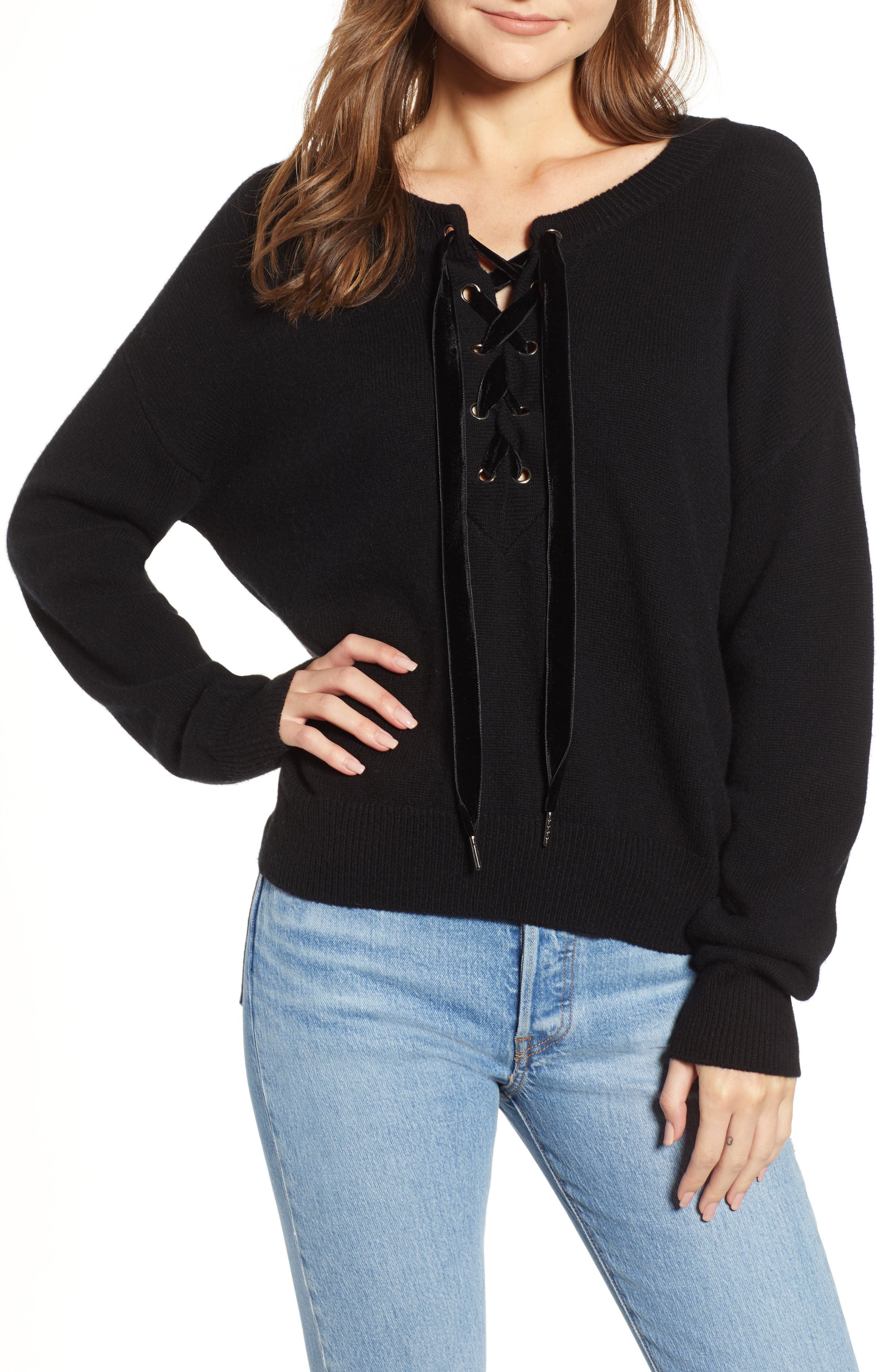 Rails Olivia Wool & Cashmere Lace-Up Sweater, Black