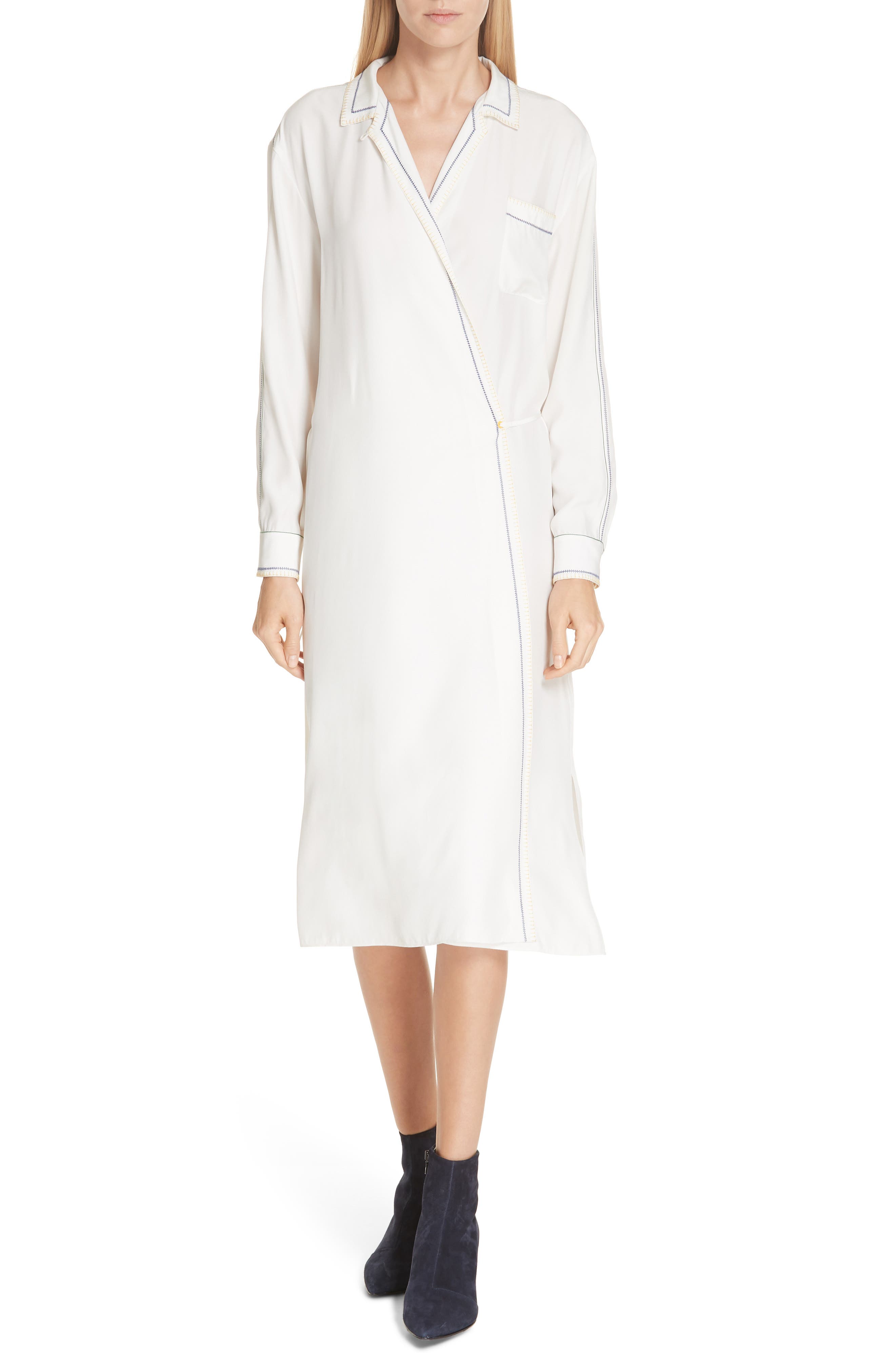 Rag & Bone Anika Embroidered Silk Charmeuse Wrap Dress, White