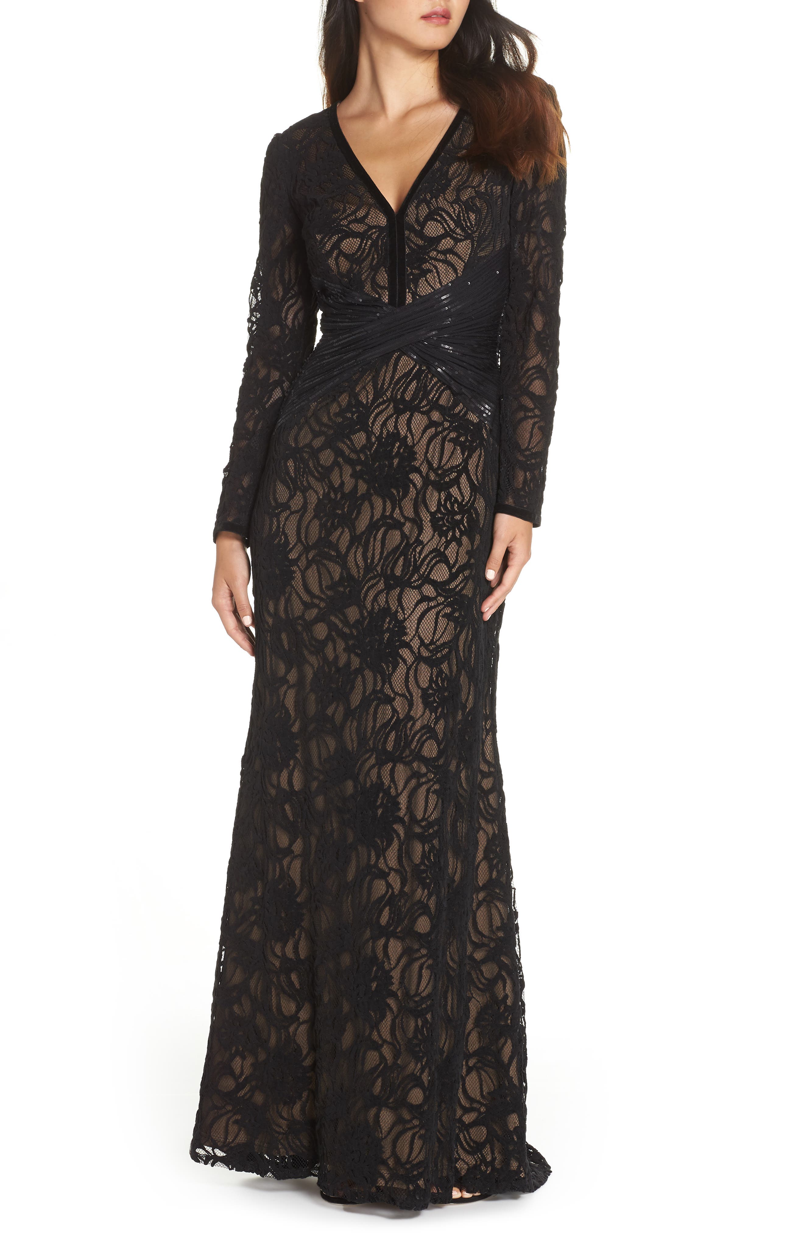 Tadashi Shoji Burnout Lace Gown, Black