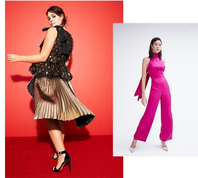 A cocktail party: golden separates and a bold jumpsuit.