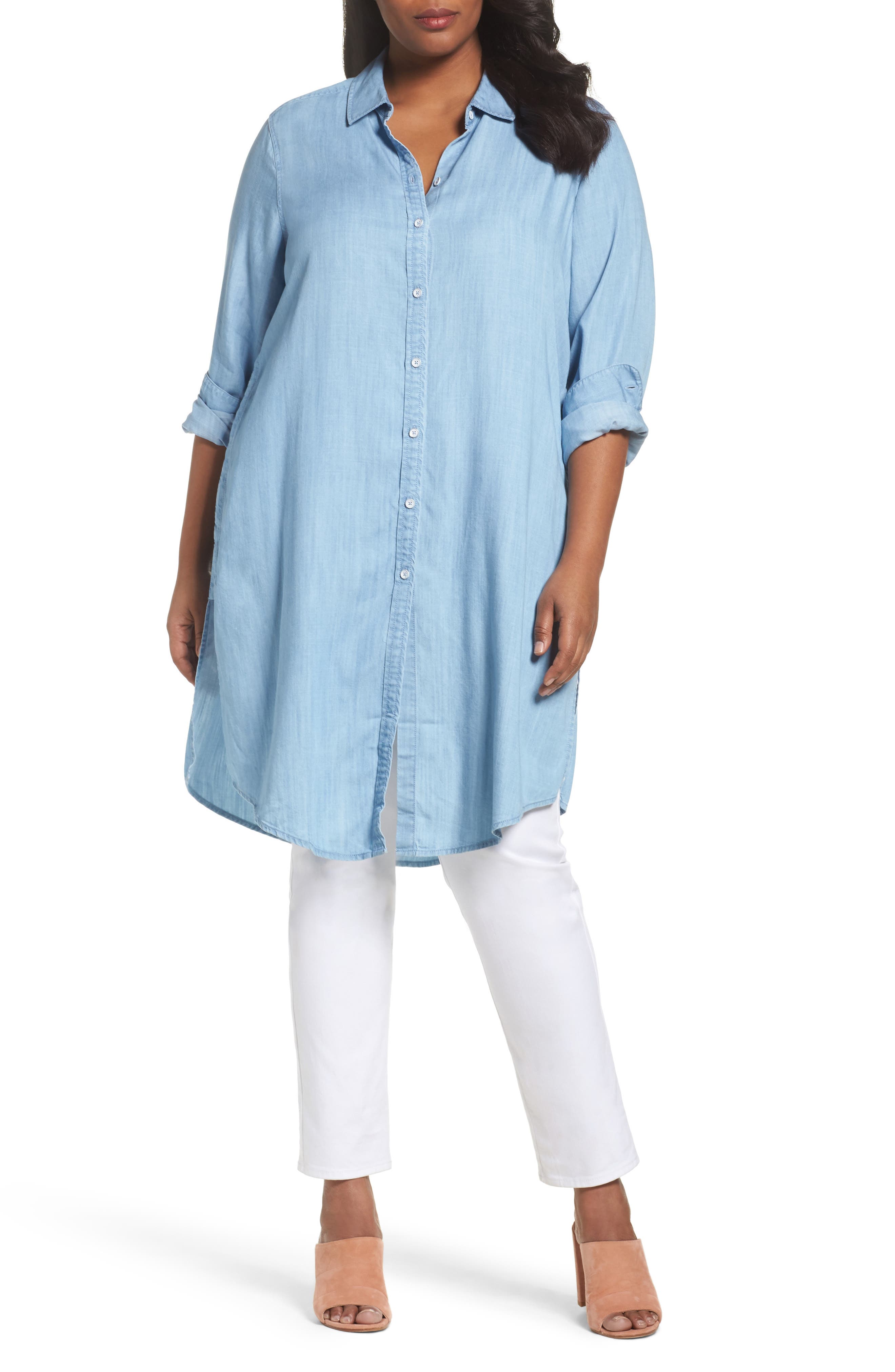 Foxcroft Brin Chambray Tunic Dress (Plus Size) Nordstrom