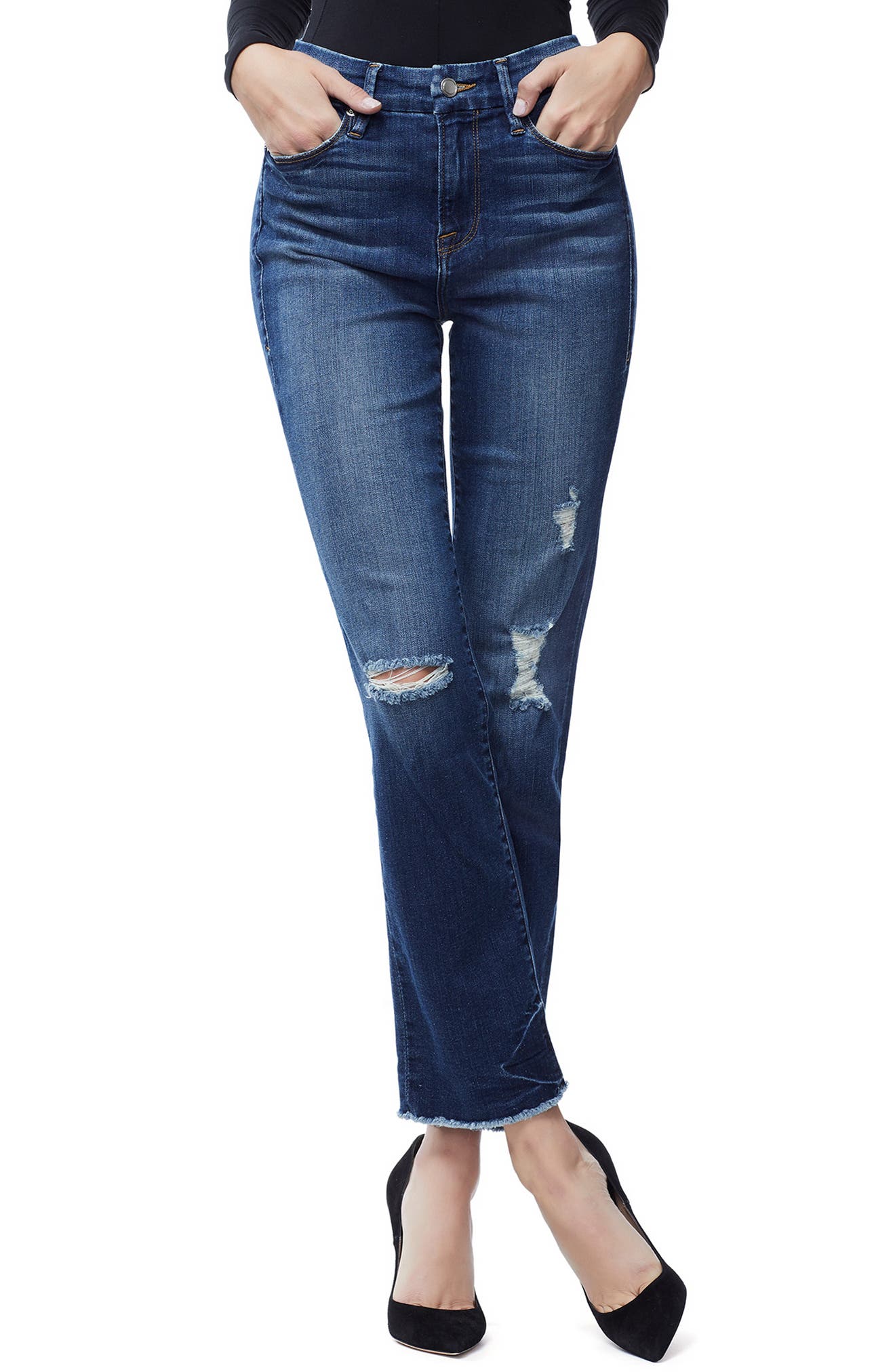 Good American Good Straight Frayed Ankle Jeans (Blue 178) (Regular