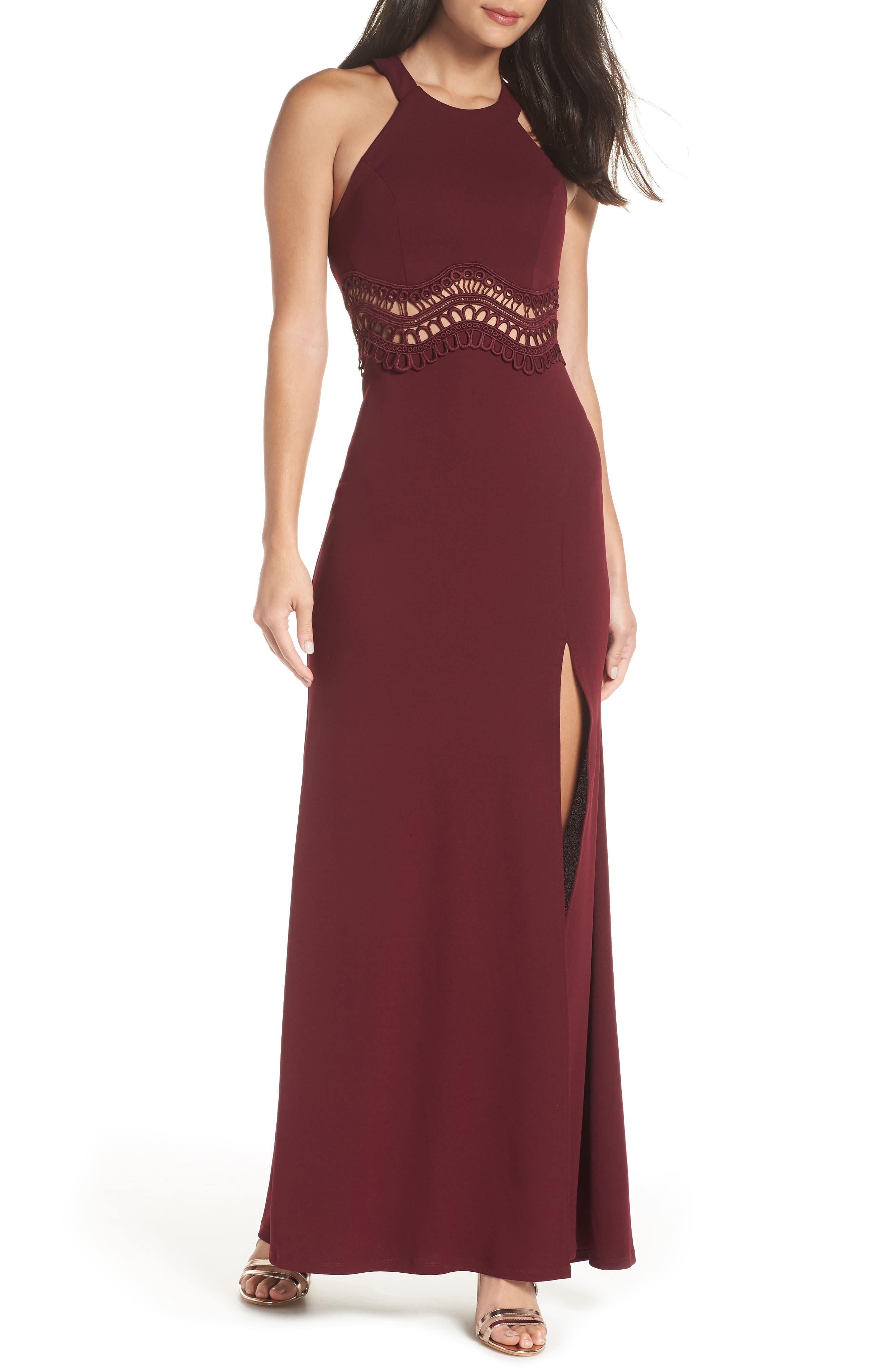Sequin Hearts Front Slit Scuba Crepe Gown, Burgundy