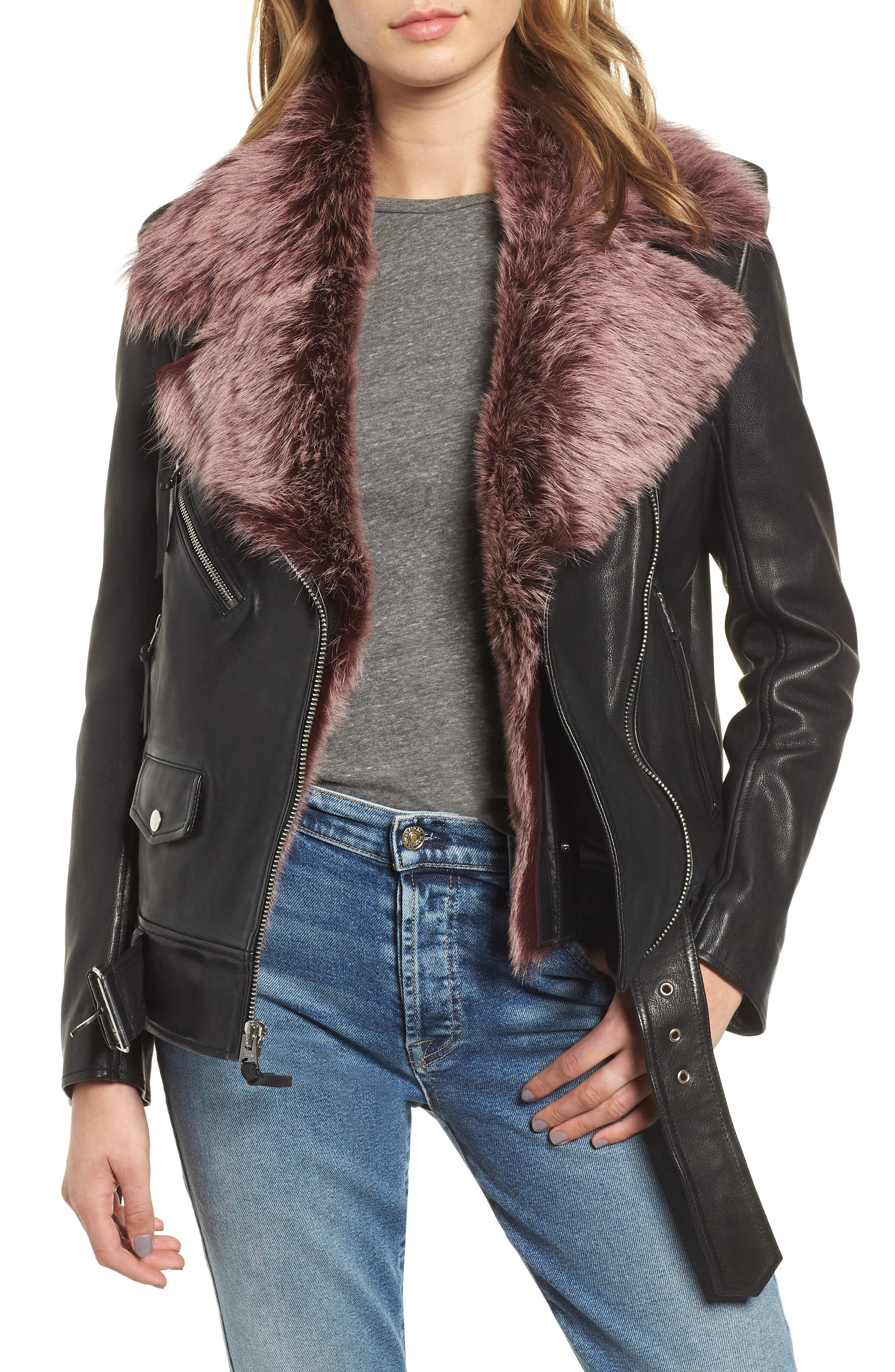 7 For All Mankind Leather Biker Jacket With Removable Genuine Shearling Trim
