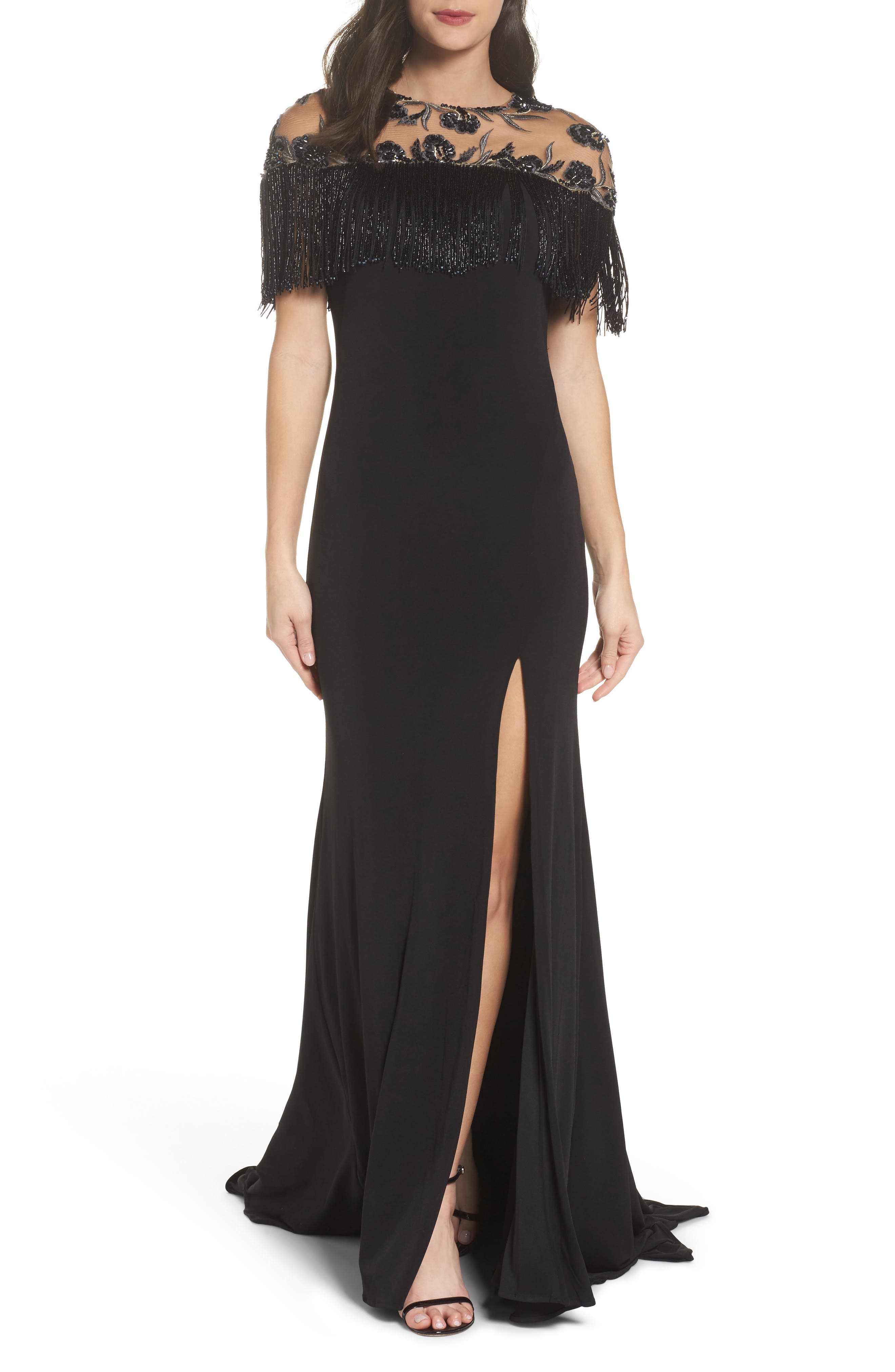 MAC Duggal Beaded Fringe Bodice Gown, Black