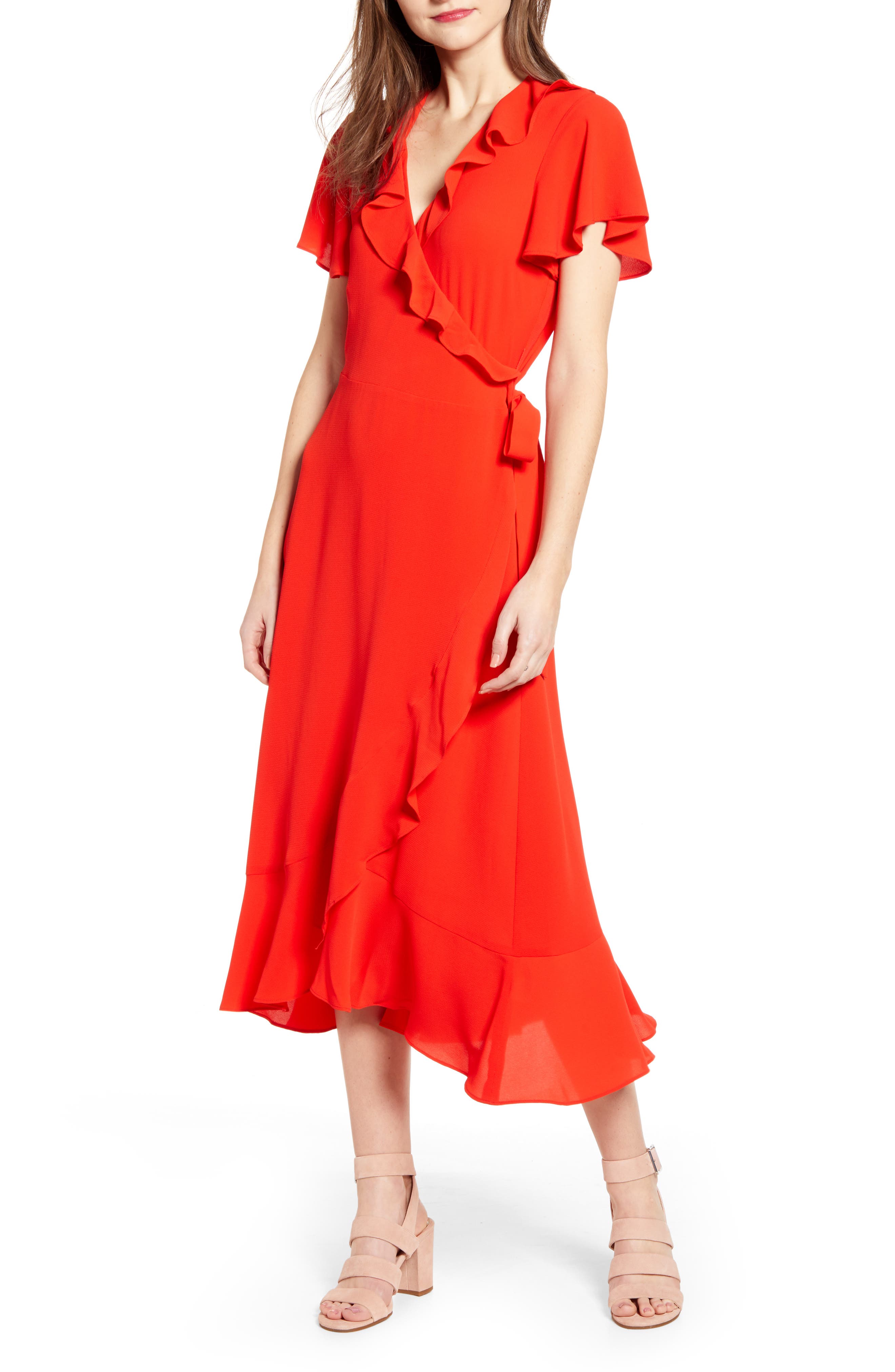 Chelsea28 Ruffle Wrap Dress, Red