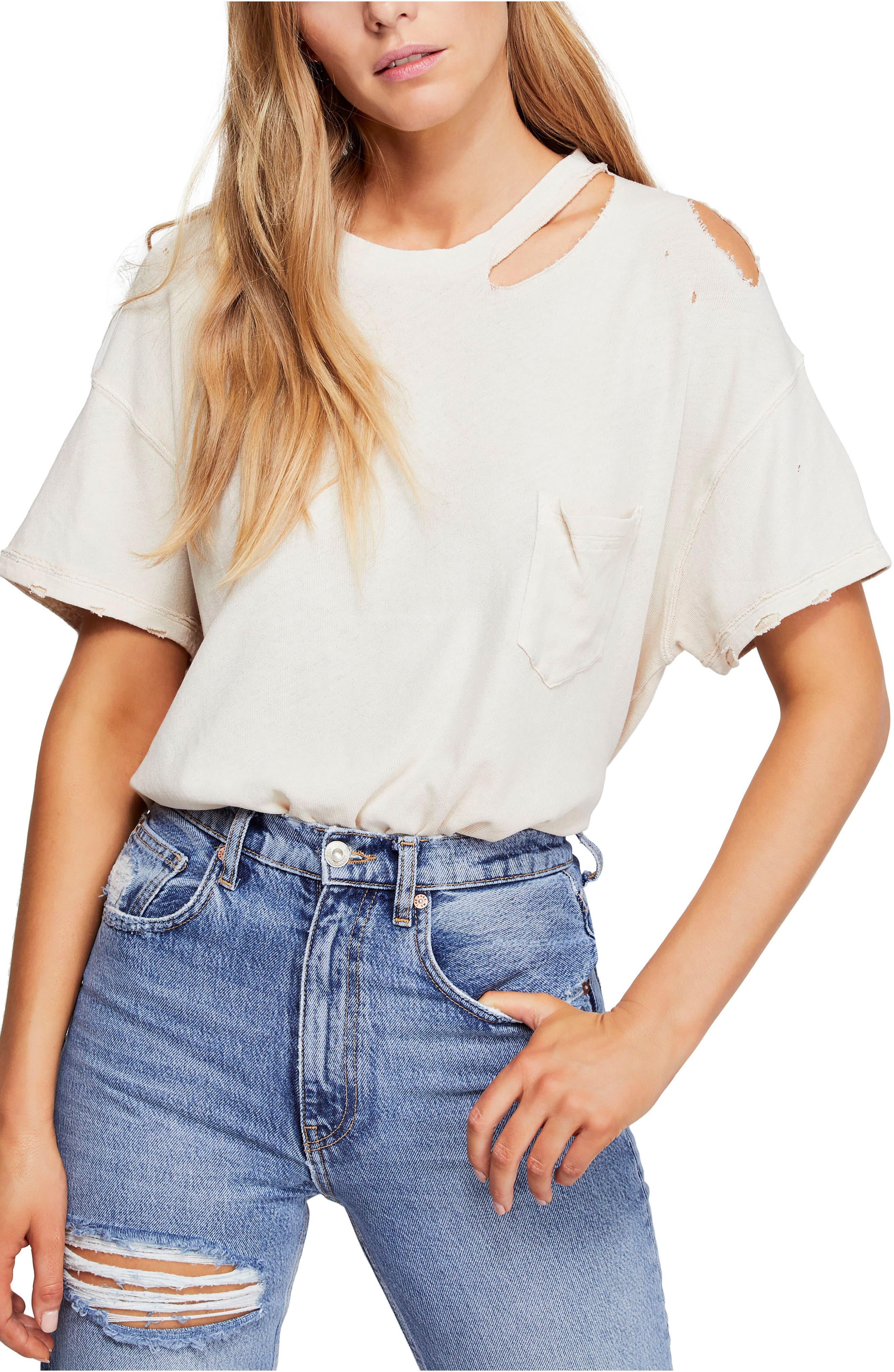 Free People Lucky Distressed Tee, White