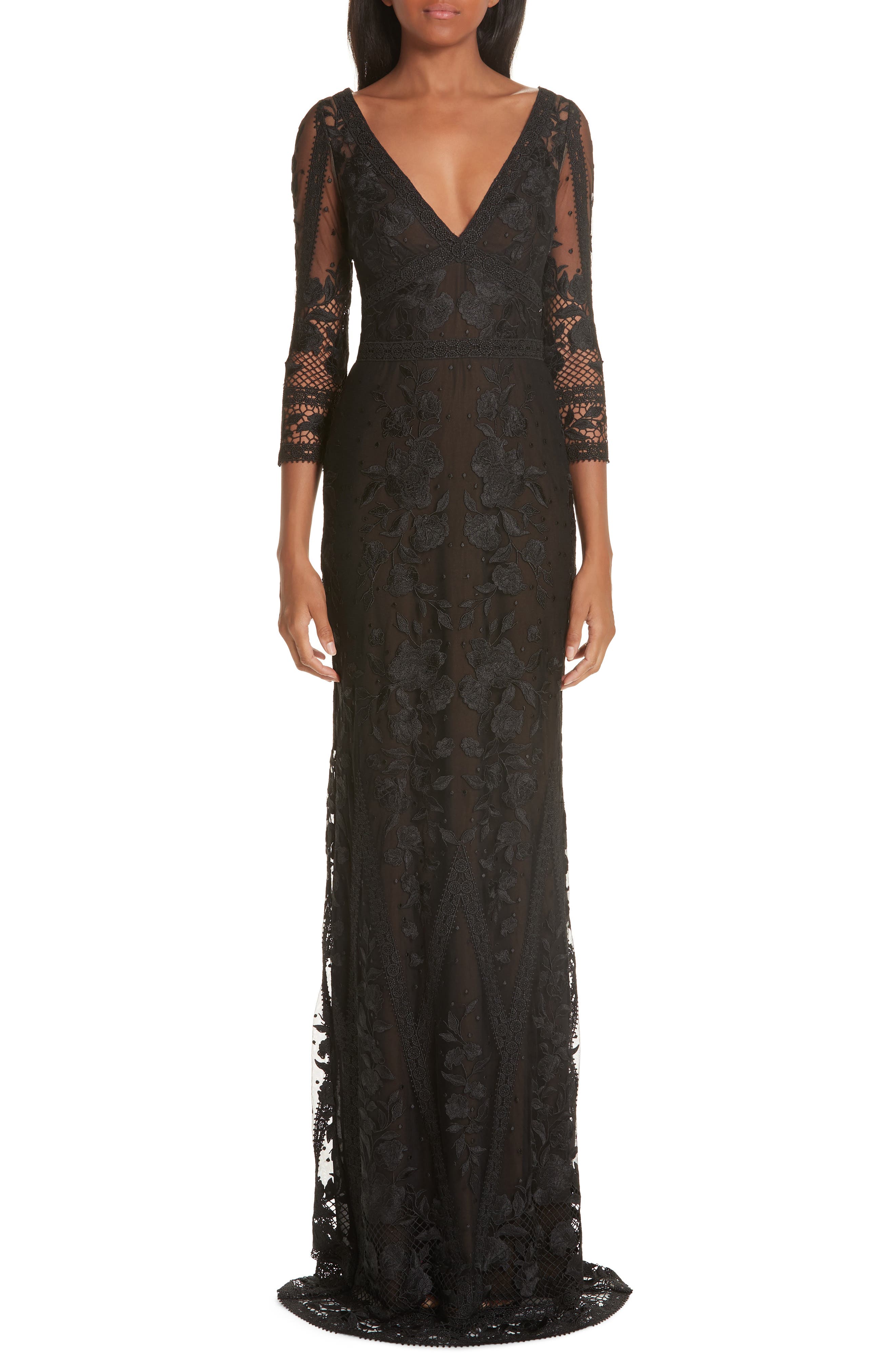 Marchesa Notte Mesh & Lace Evening Dress